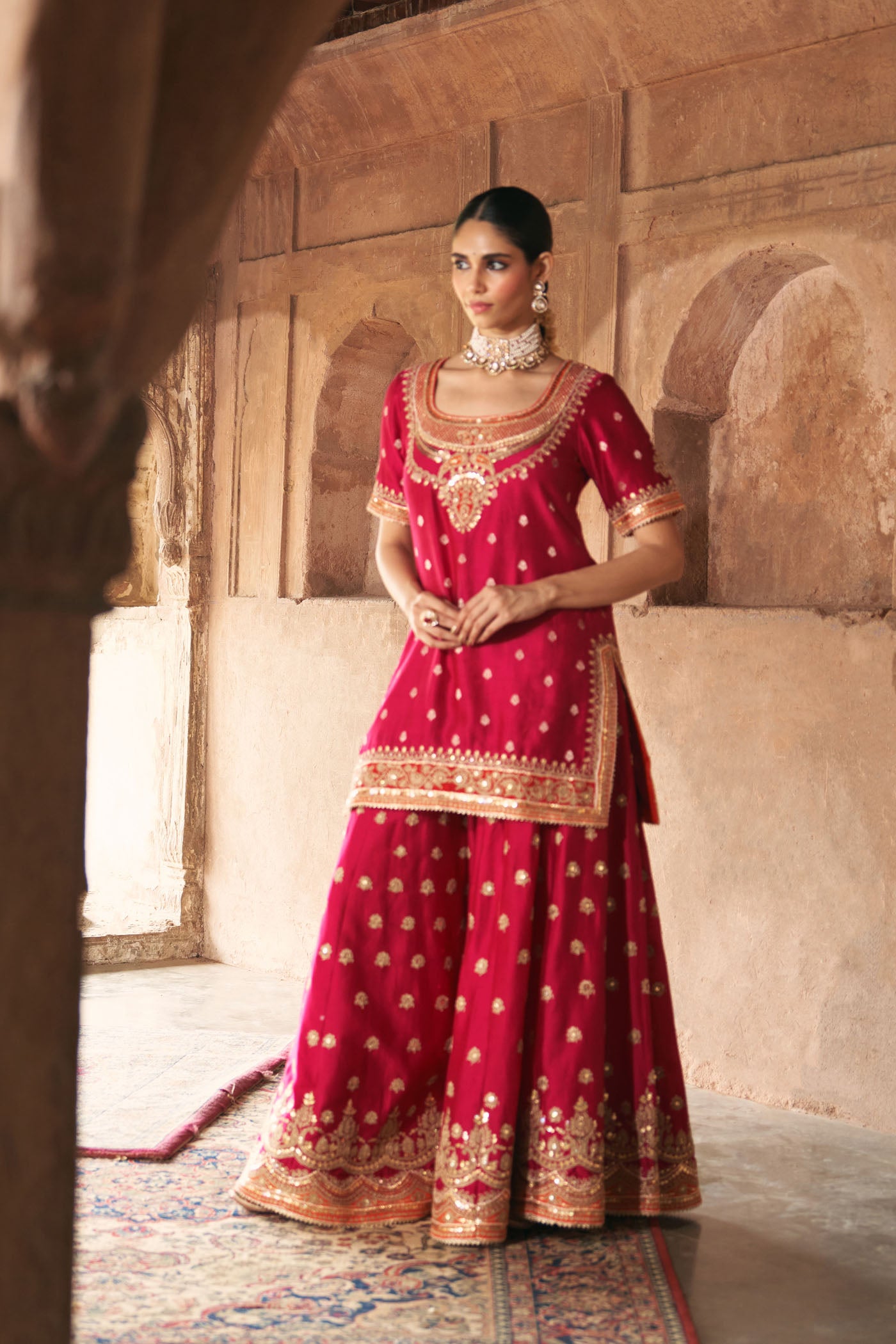 SAMREEN - HOTPINK SHORT KURTA WITH SHARARA AND DUPATTA