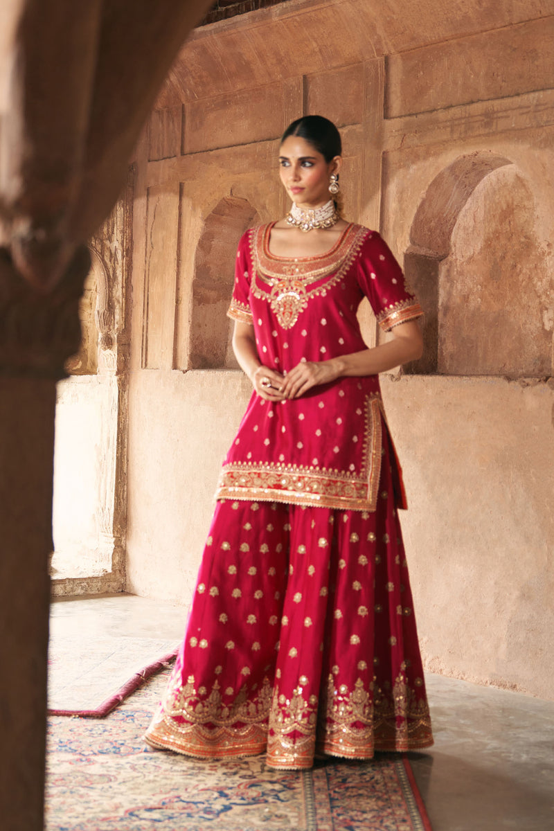 SAMREEN - Rani Hotpink SHORT KURTA WITH SHARARA AND DUPATTA