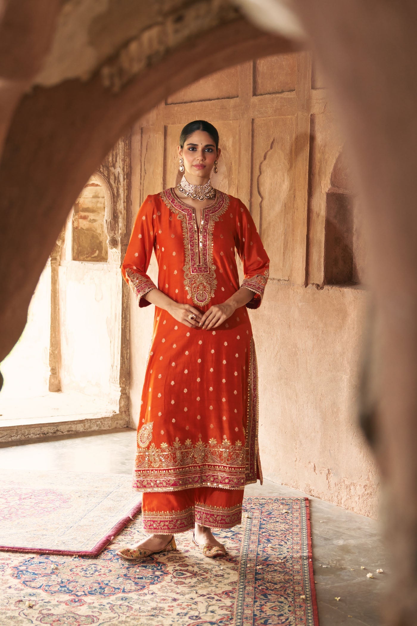 SOBIA - BURNT ORANGE LONG KURTA WITH PALAZZO AND DUPATTA (Lxrts)