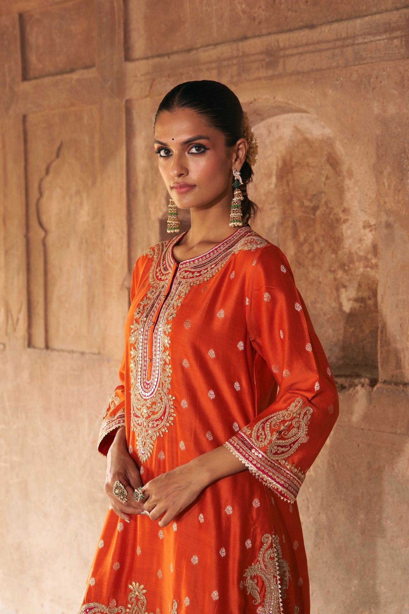 FARHANA - BURNT ORANGE SHORT KURTA WITH SALWAR AND DUPATTA (Lxrts)