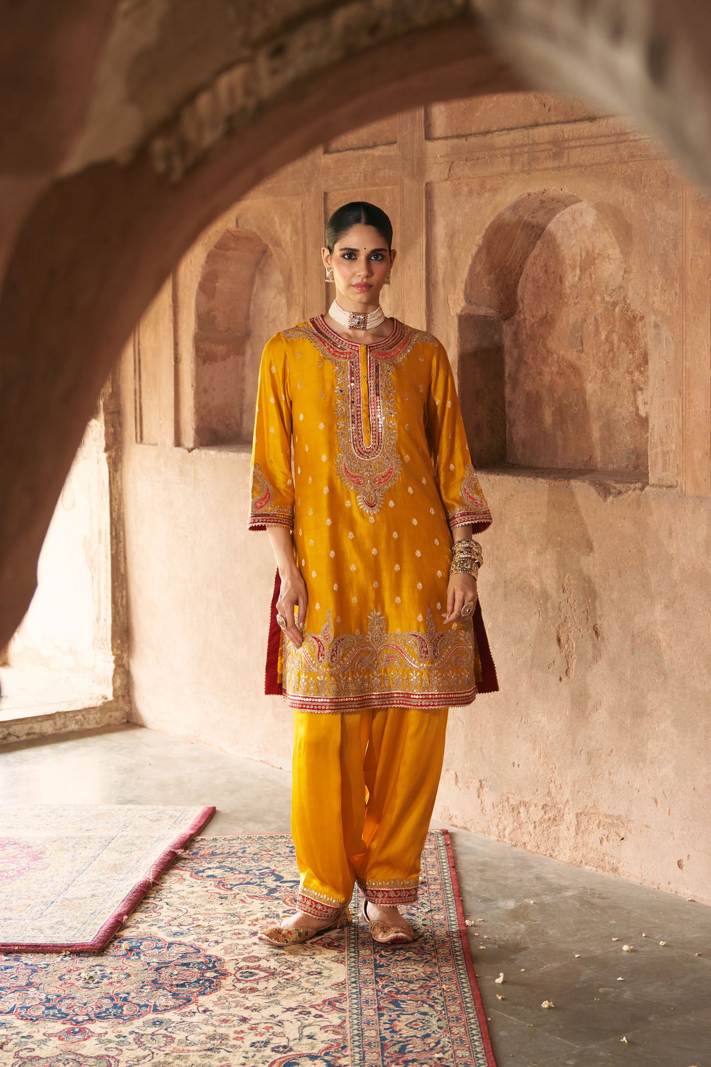 FARHANA - MUSTARD SHORT KURTA WITH SALWAR AND DUPATTA