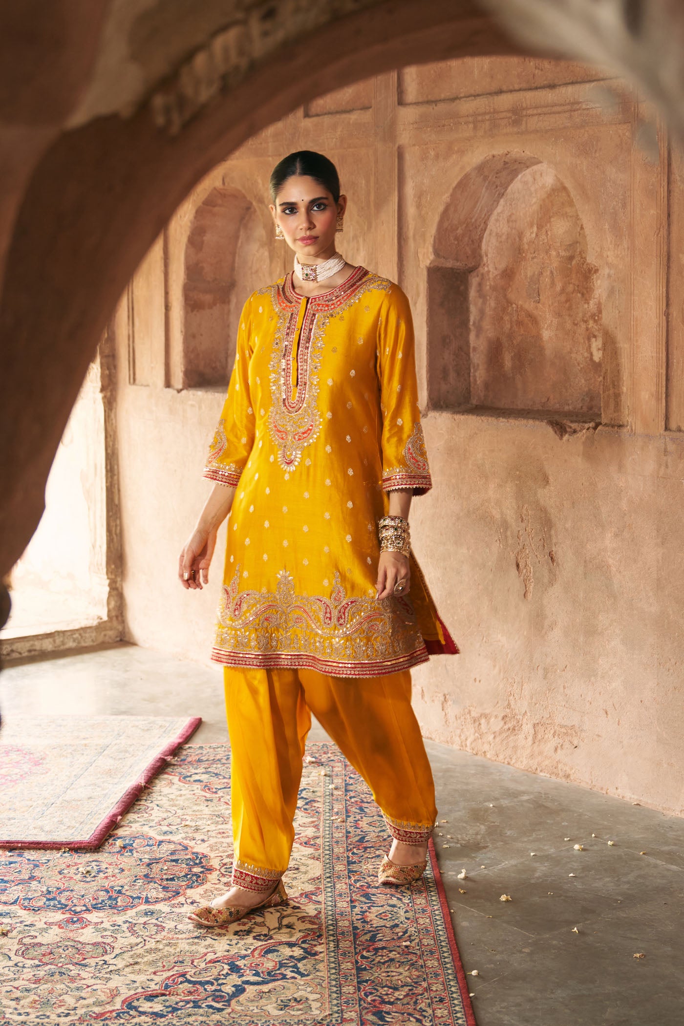 FARHANA - MUSTARD SHORT KURTA WITH SALWAR AND DUPATTA