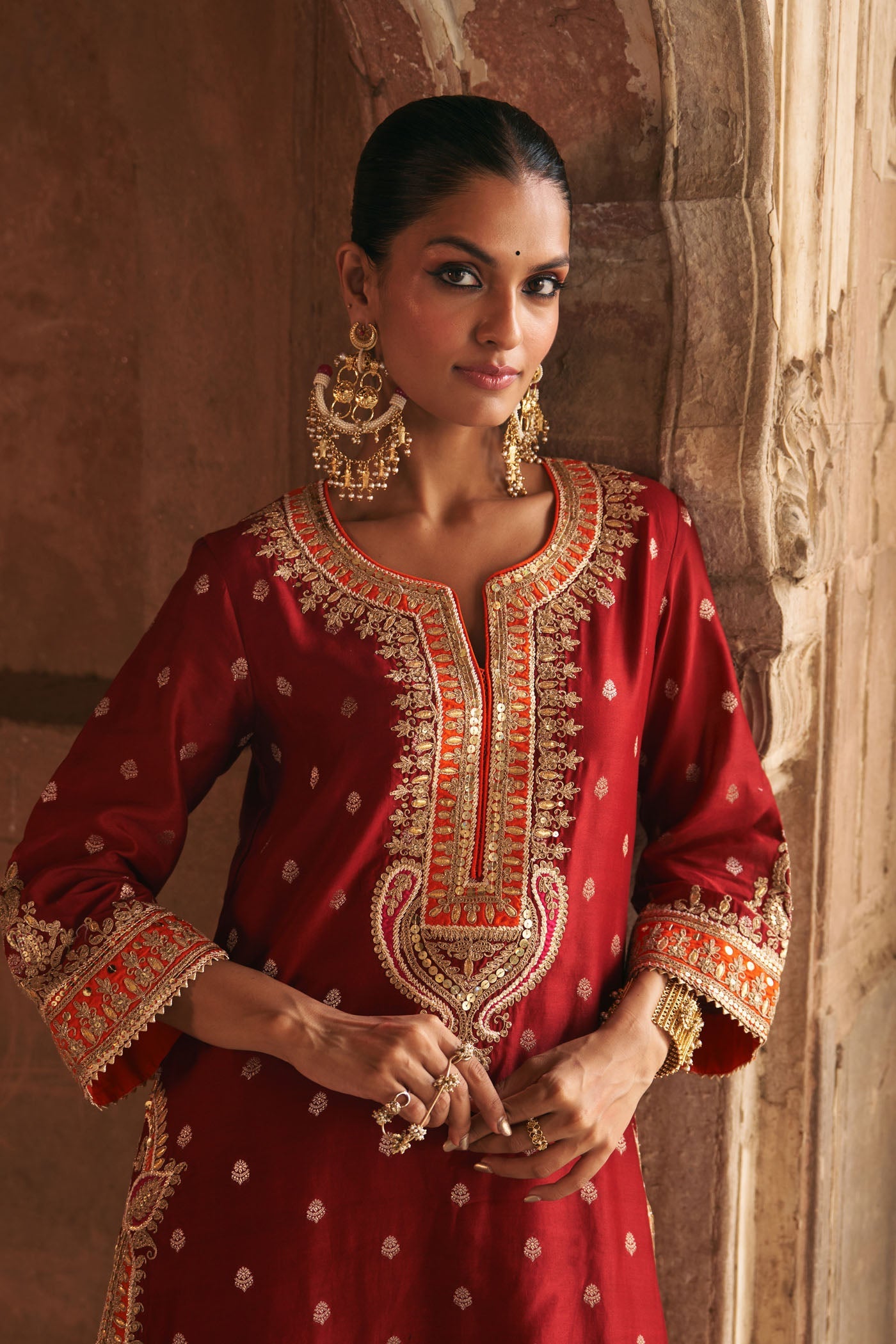 SUMAIRA - DEEP RED LONG KURTA WITH PALAZZO AND DUPATTA (Lxrts)