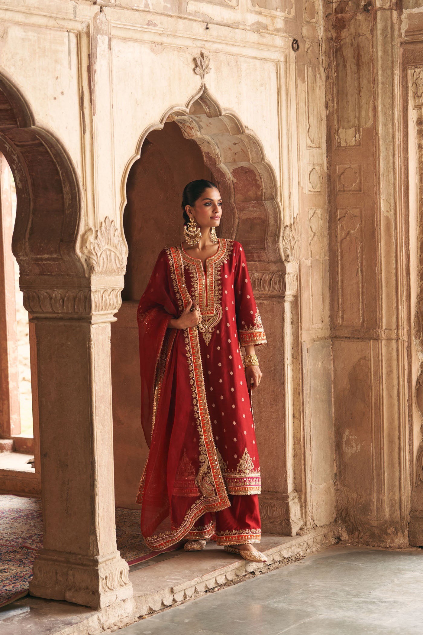SUMAIRA - DEEP RED LONG KURTA WITH PALAZZO AND DUPATTA