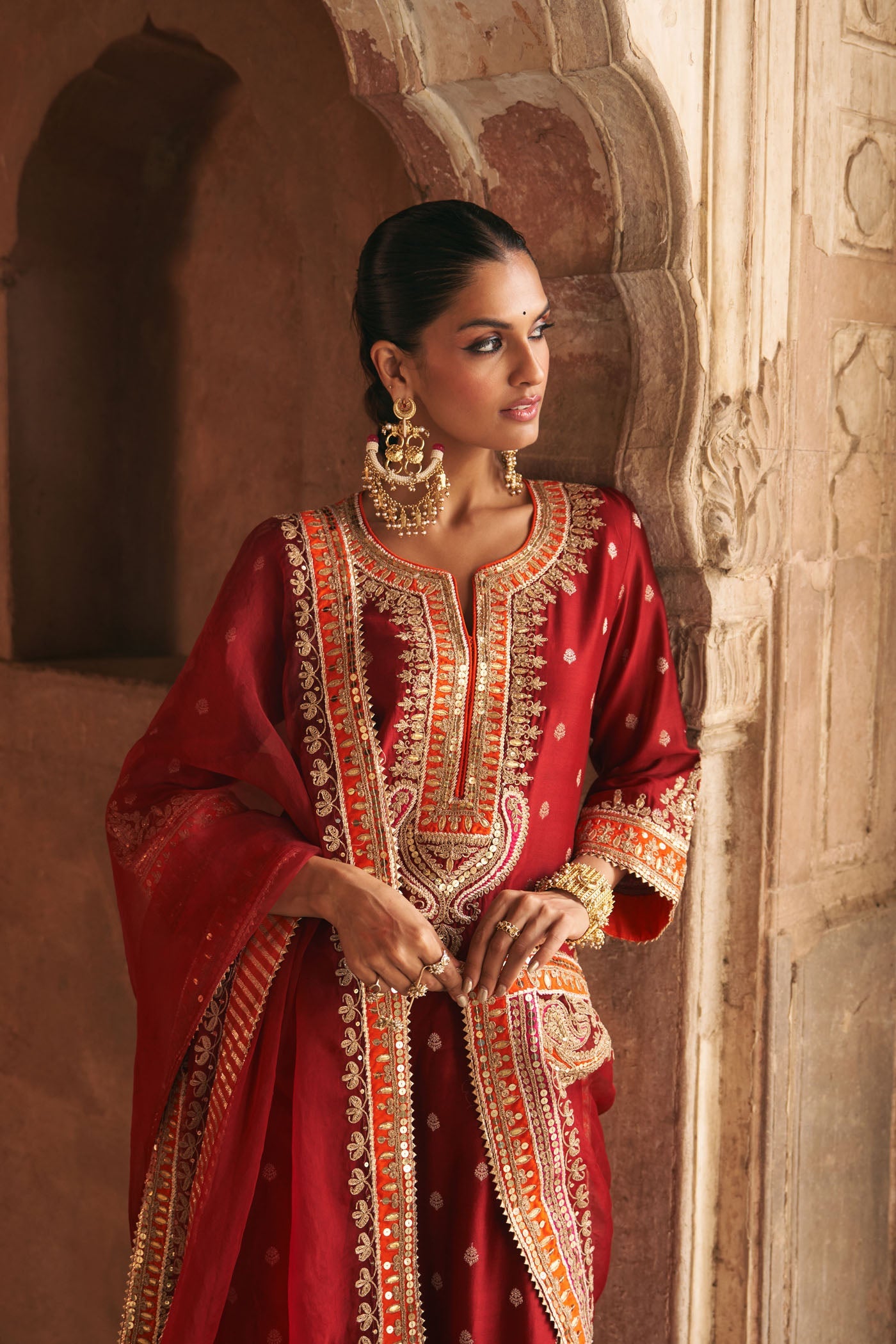 SUMAIRA - DEEP RED LONG KURTA WITH PALAZZO AND DUPATTA (Lxrts)