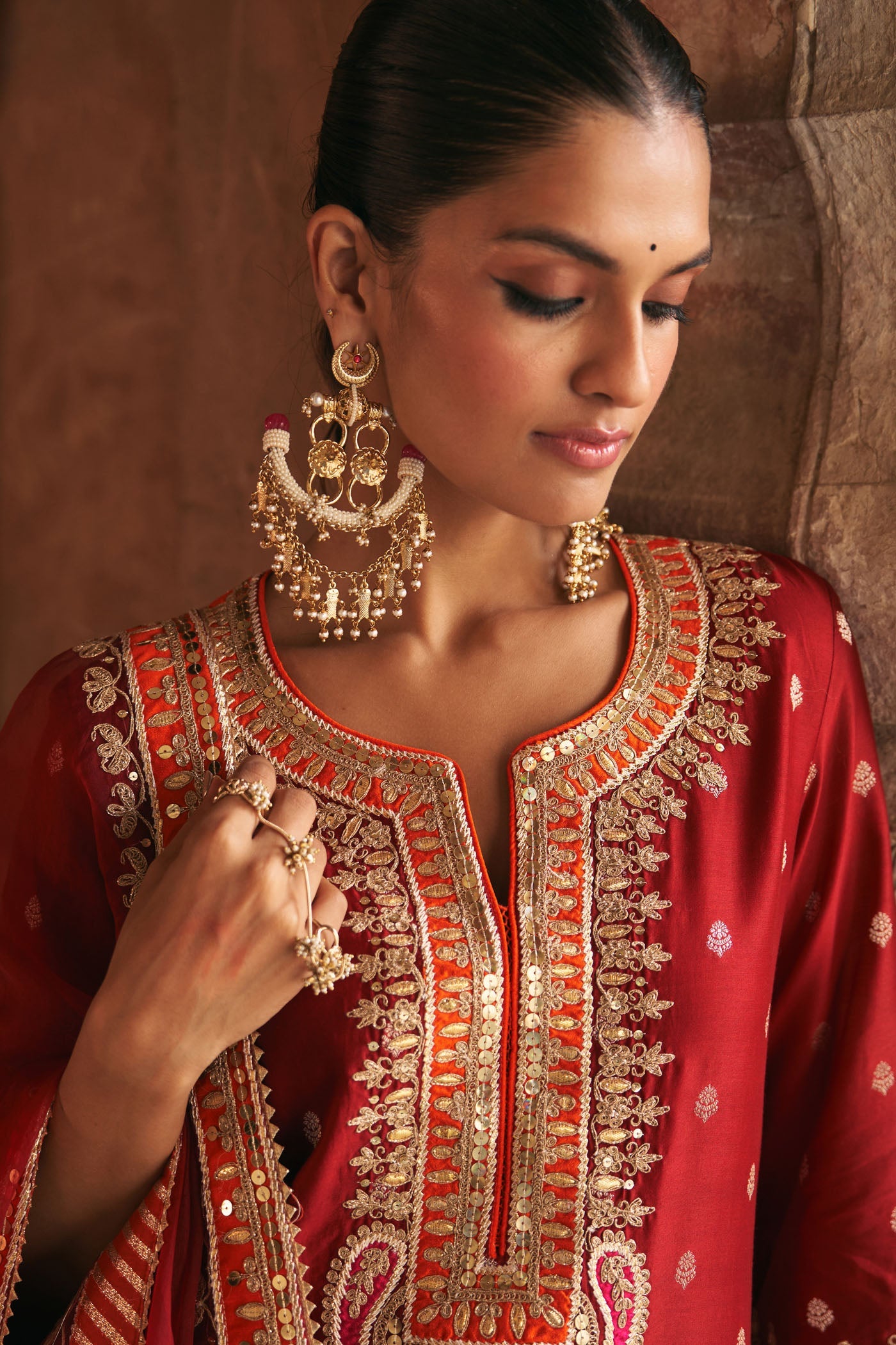 SUMAIRA - DEEP RED LONG KURTA WITH PALAZZO AND DUPATTA (Lxrts)