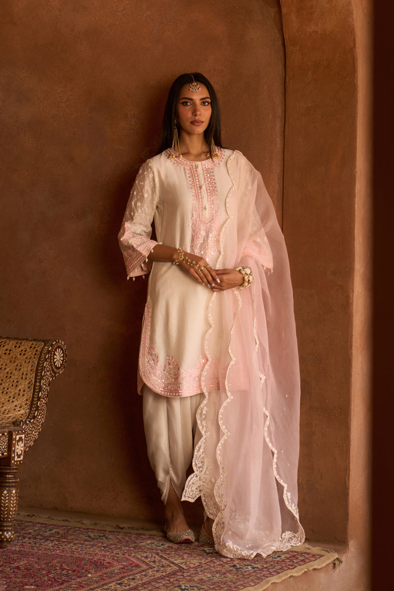 RUHI - DAISY IVORY WITH PINK SHORT KURTA AND DHOTI