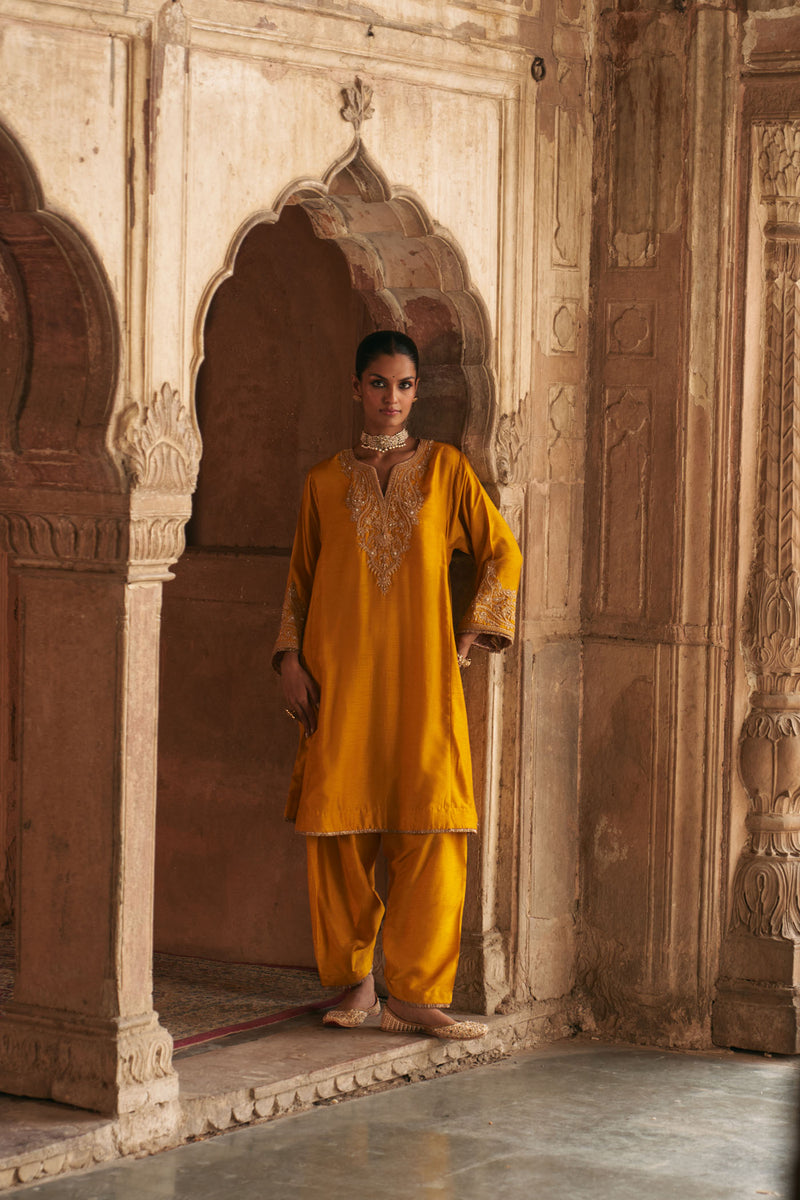 MARWA - Heirloom Mustard SHORT CHAUGA WITH SALWAR