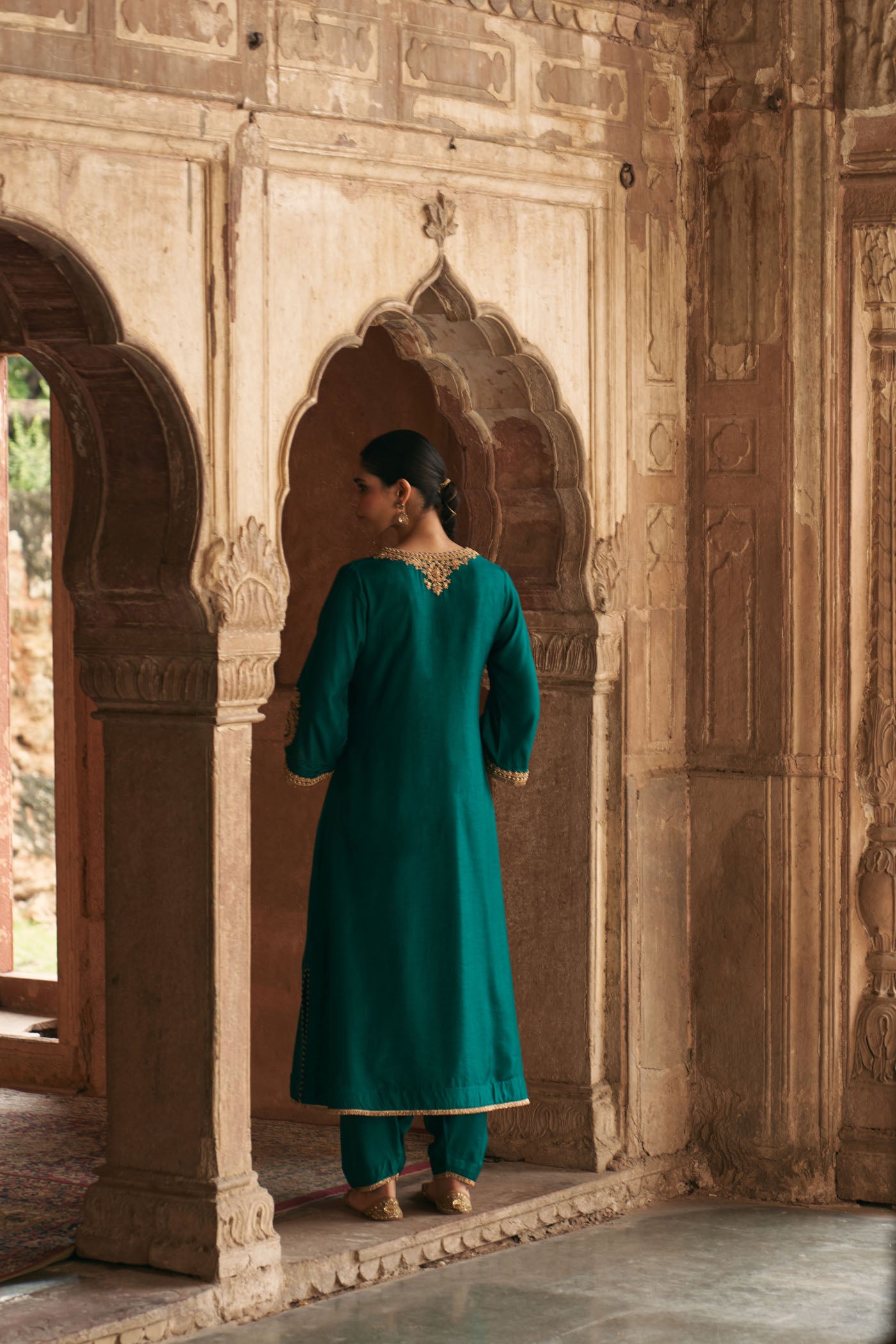HAAYAT - EMERALD GREEN LONG KAFTAN WITH SALWAR