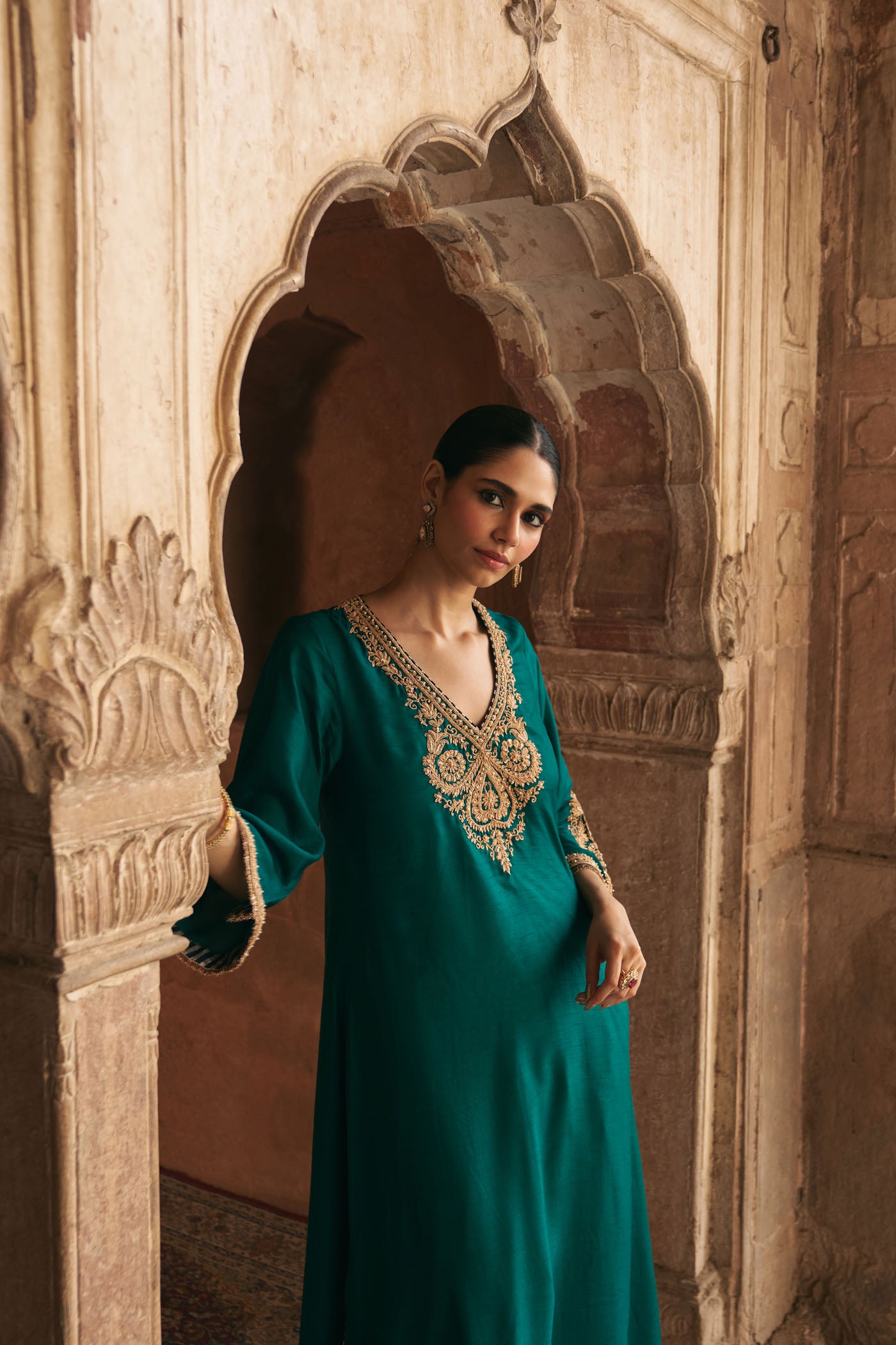 HAAYAT - EMERALD GREEN LONG KAFTAN WITH SALWAR