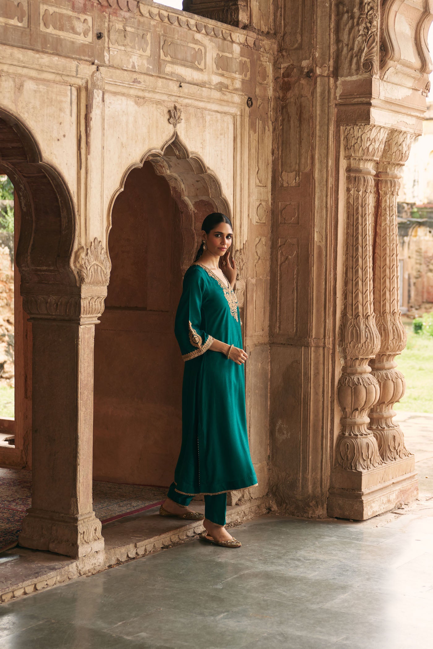 HAAYAT - EMERALD GREEN LONG KAFTAN WITH SALWAR