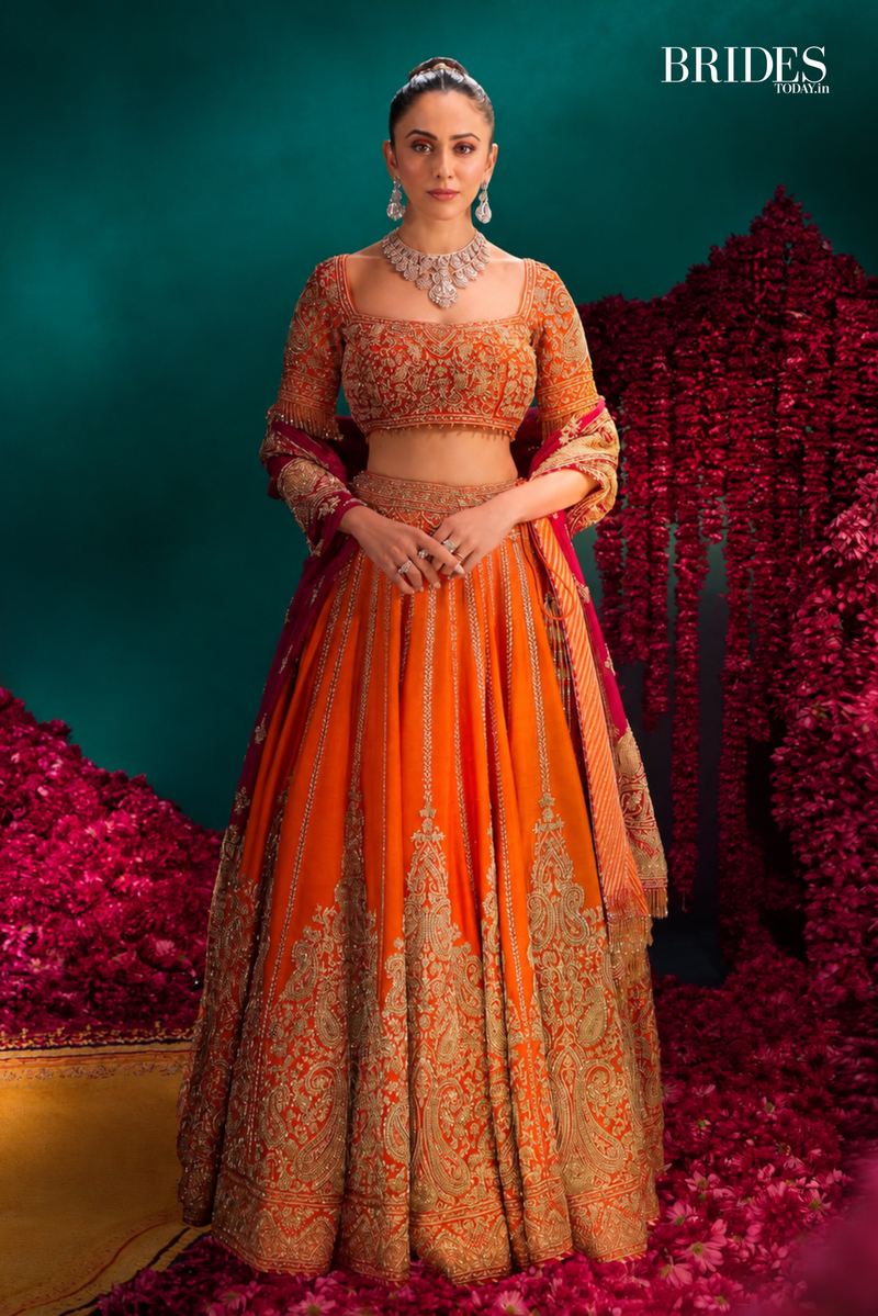 Rakulpreet Singh In Nagma  - Orange Lehenga Set with Blouse & Rani Hot Pink Dupatta
