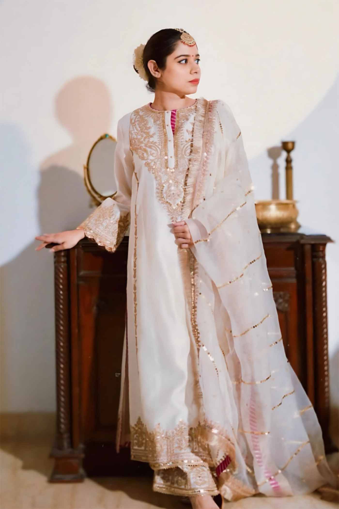 Tarini Bhatia In MAHIKA - DAISY IVORY LONG KURTA WITH PALAZZO AND DUPATTA