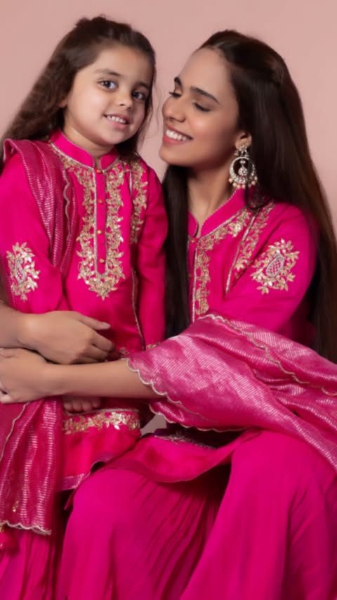 Nasira- Hotpink Pink Habutai Silk Gota Patti Embroidered Kurta With Garara And Dupatta