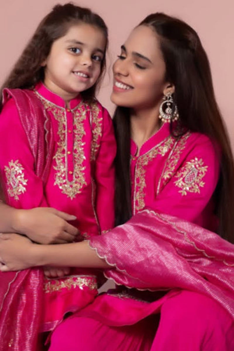 Nasira- Hotpink Pink Habutai Silk Gota Patti Embroidered Kurta With Garara And Dupatta