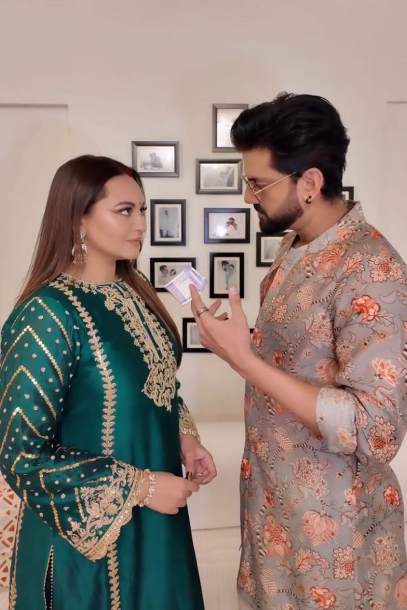 SONAKSHI SINHA IN SABIRAH - EMERALD GREEN LONG KURTA WITH PALAZZO AND DUPATTA