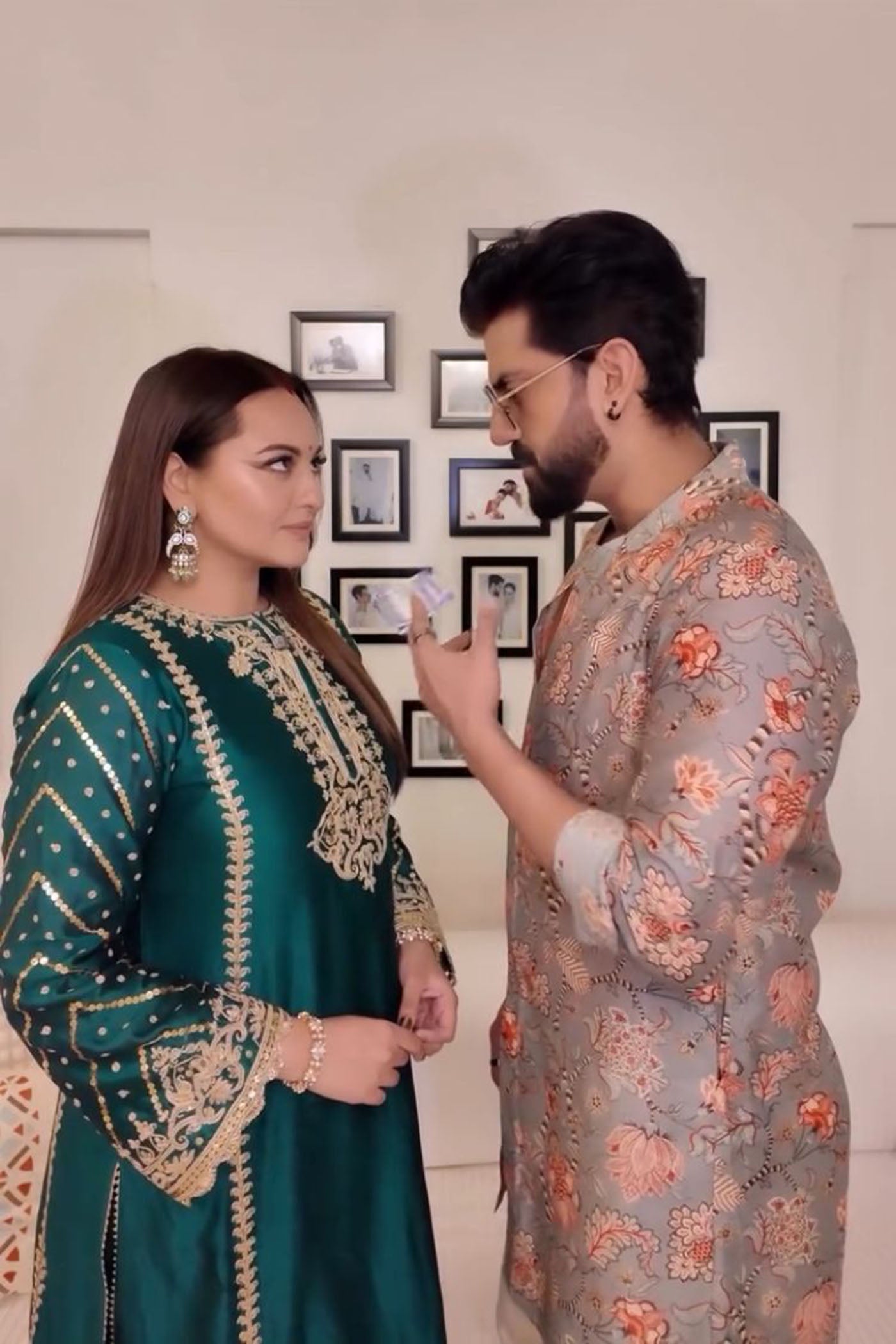 SONAKSHI SINHA IN SABIRAH - EMERALD GREEN LONG KURTA WITH PALAZZO AND DUPATTA
