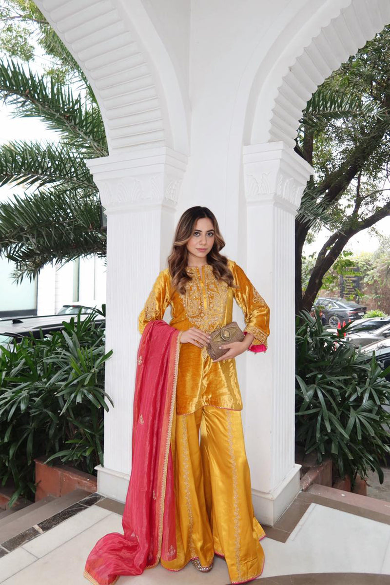 Arpita Gupta In Aroob - Silk Velvet Heirloom Mustard Kurta with Sharara and Dupatta