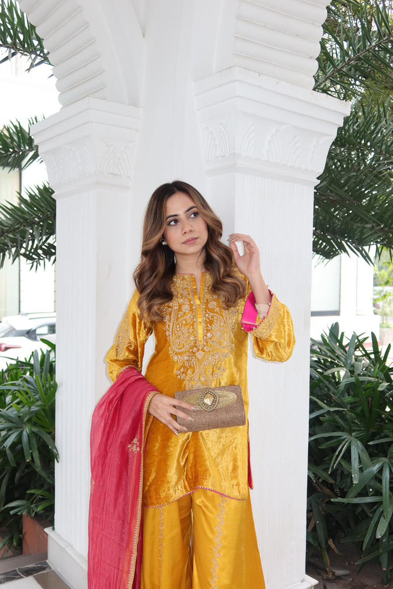 Arpita Gupta In Aroob - Silk Velvet Heirloom Mustard Kurta with Sharara and Dupatta