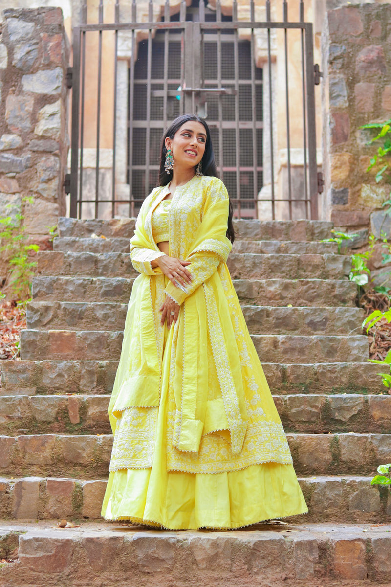 Upasana Ghai in Zahria - Lemon Yellow Jacket, lehenga with blouse and dupatta
