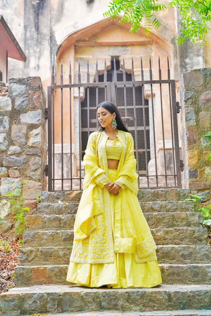 Upasana Ghai in Zahria - Lemon Yellow Jacket, lehenga with blouse and dupatta