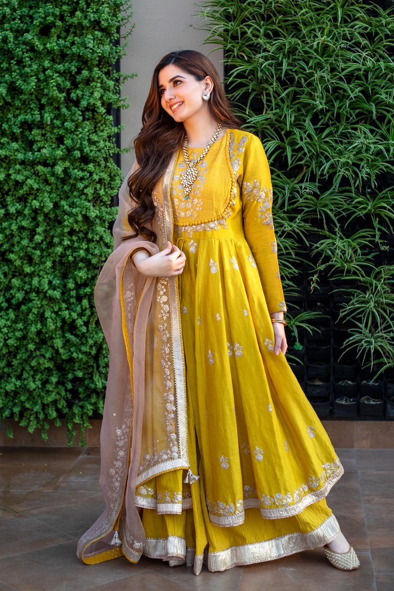 Mahima Chawla in Taarini - Glaze Mustard Tilla Embroidered Anarkali Set