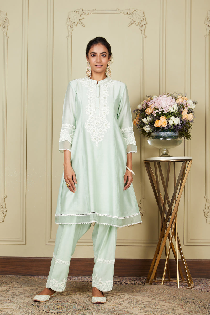 Ryhana - Frosty Green A-line short kurta with salwar and dupatta