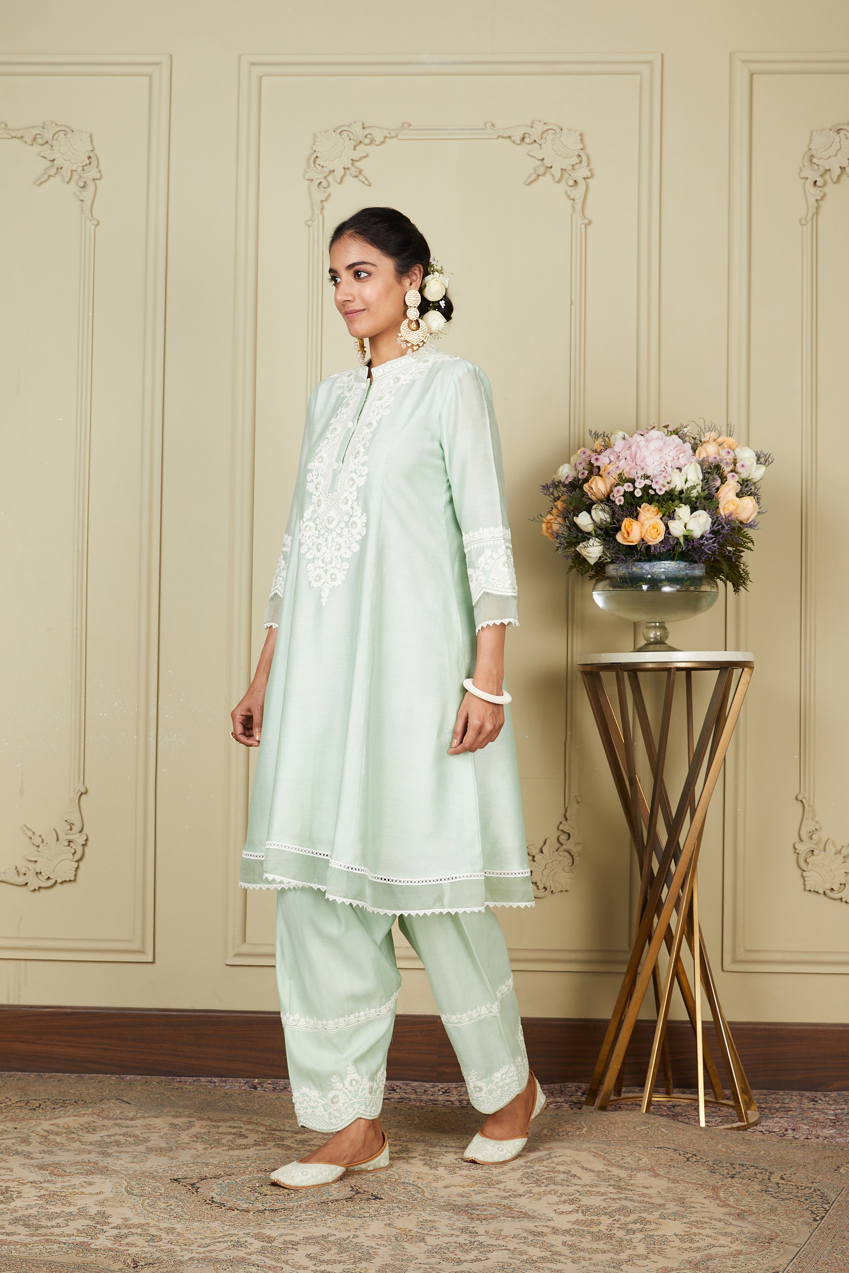 Ryhana - Frosty Green A-line short kurta with salwar and dupatta