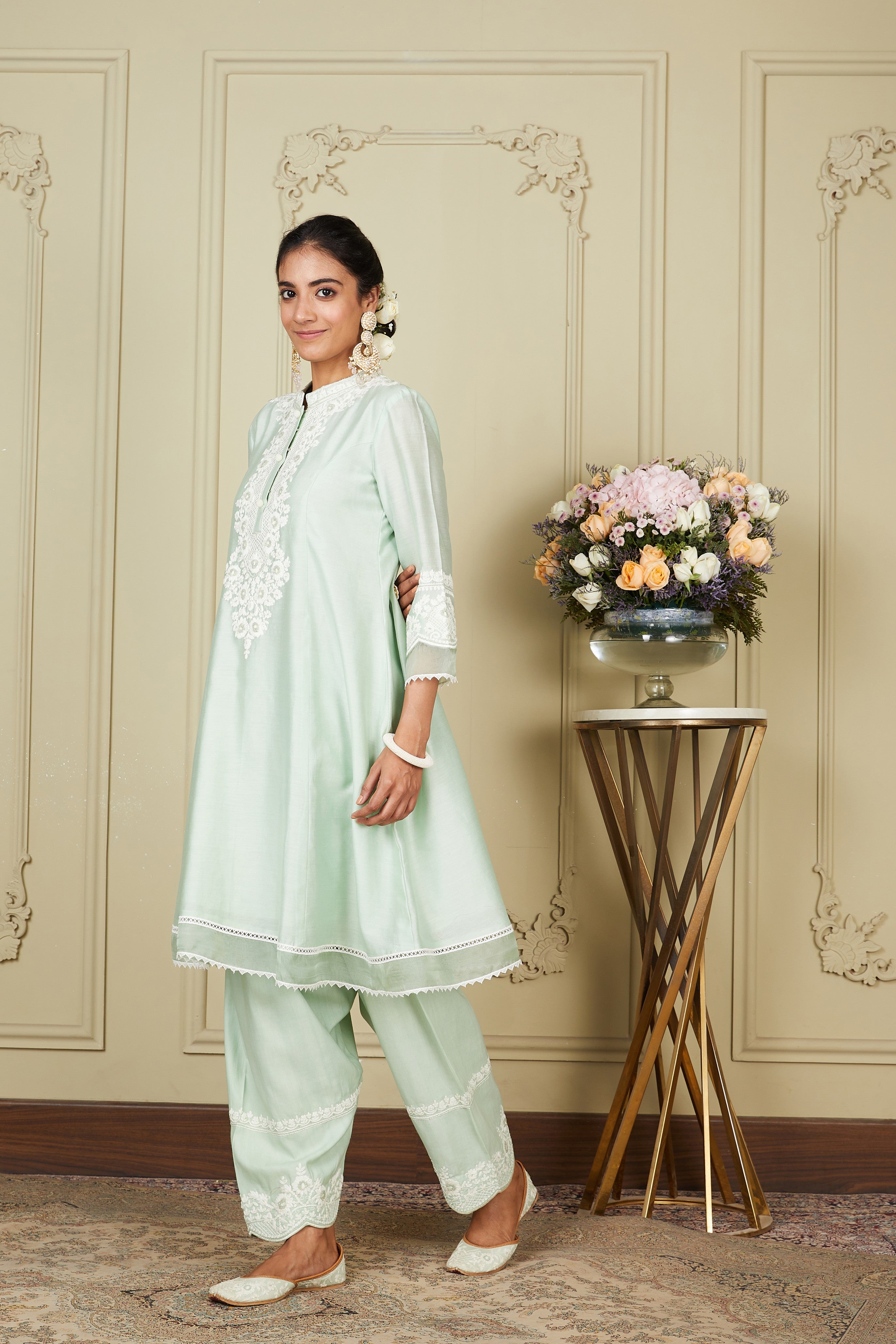 Ryhana - Frosty Green A-line short kurta with salwar and dupatta