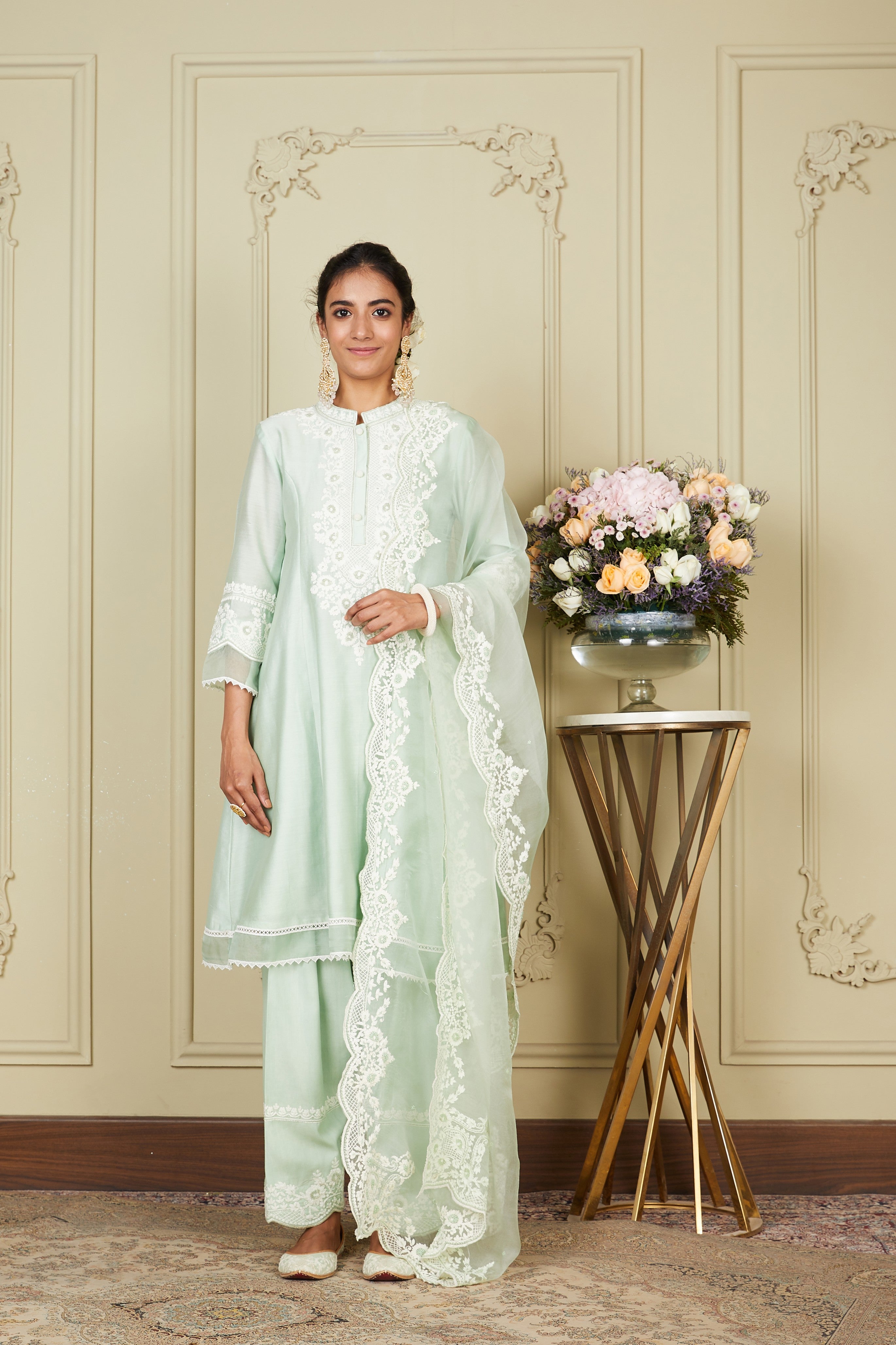 Ryhana - Frosty Green A-line short kurta with salwar and dupatta