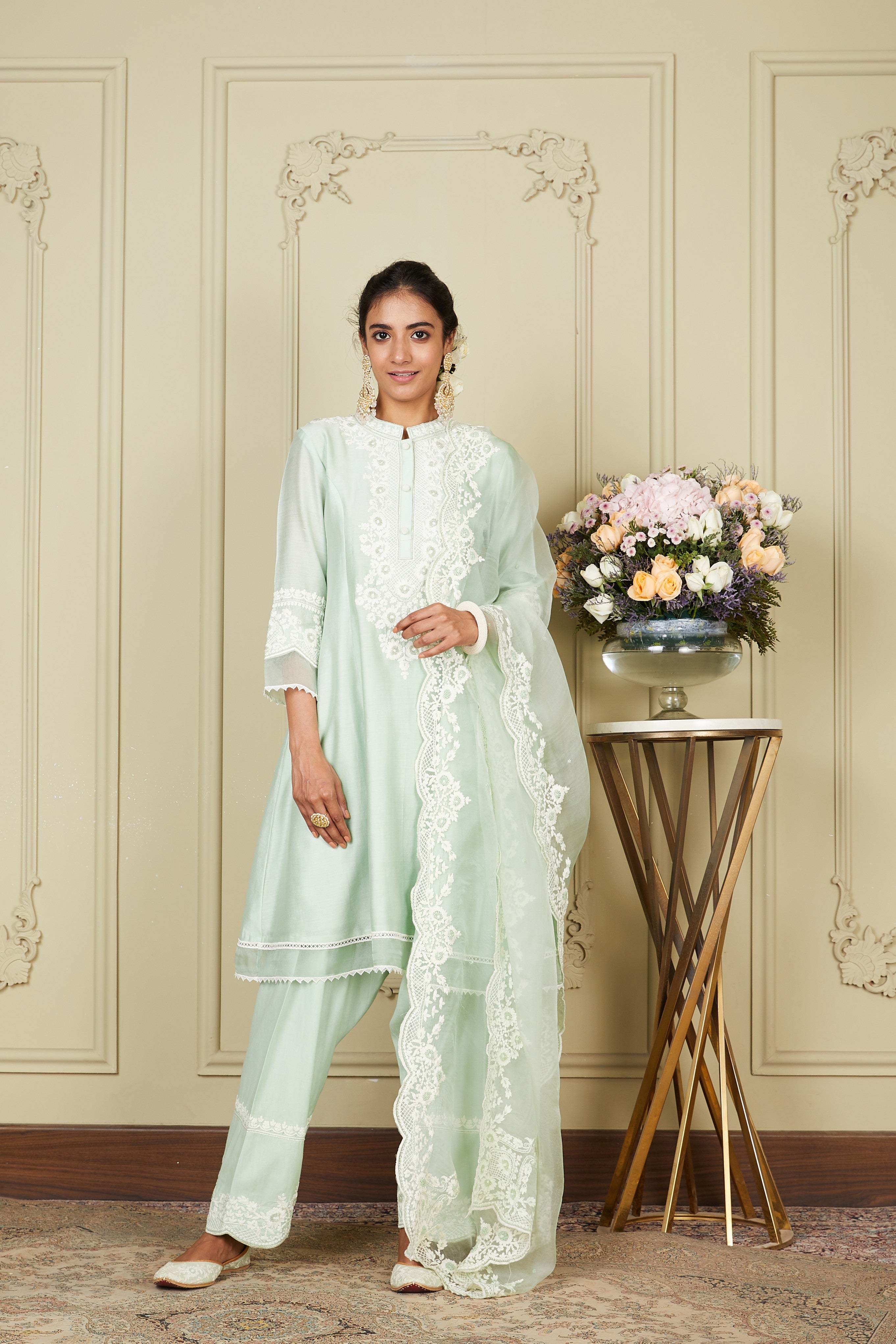 Ryhana - Frosty Green A-line short kurta with salwar and dupatta