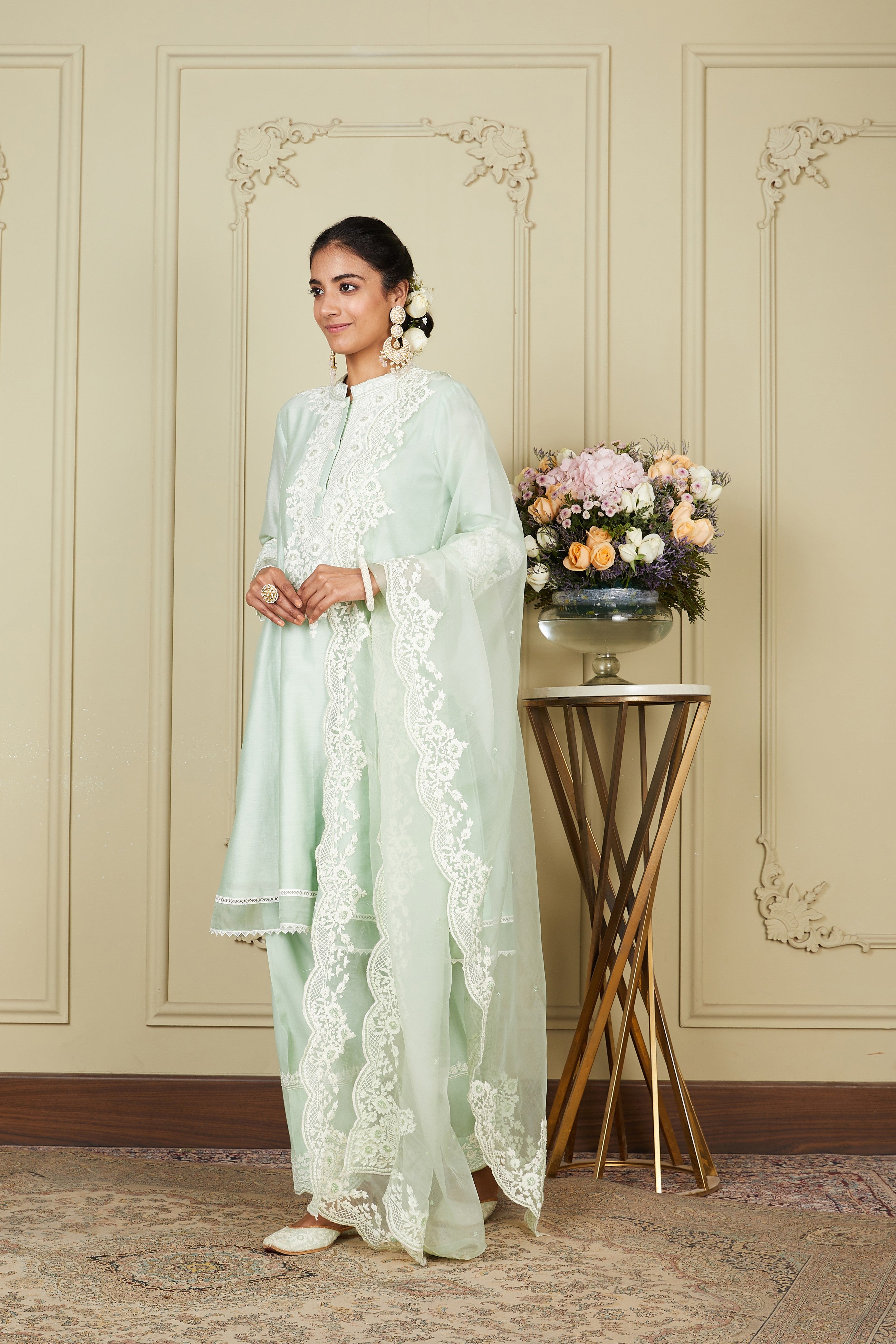 Ryhana - Frosty Green A-line short kurta with salwar and dupatta