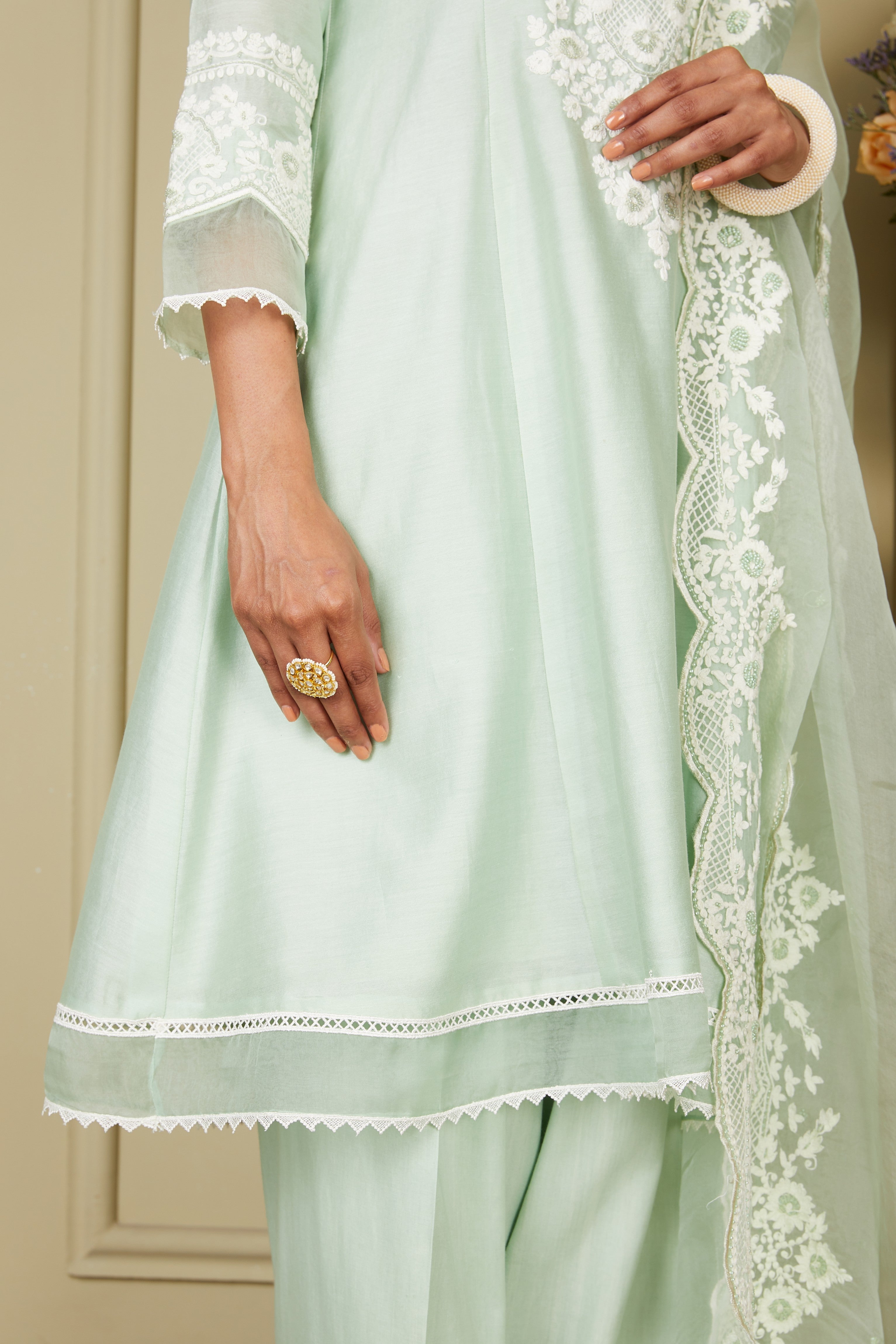 Ryhana - Frosty Green A-line short kurta with salwar and dupatta