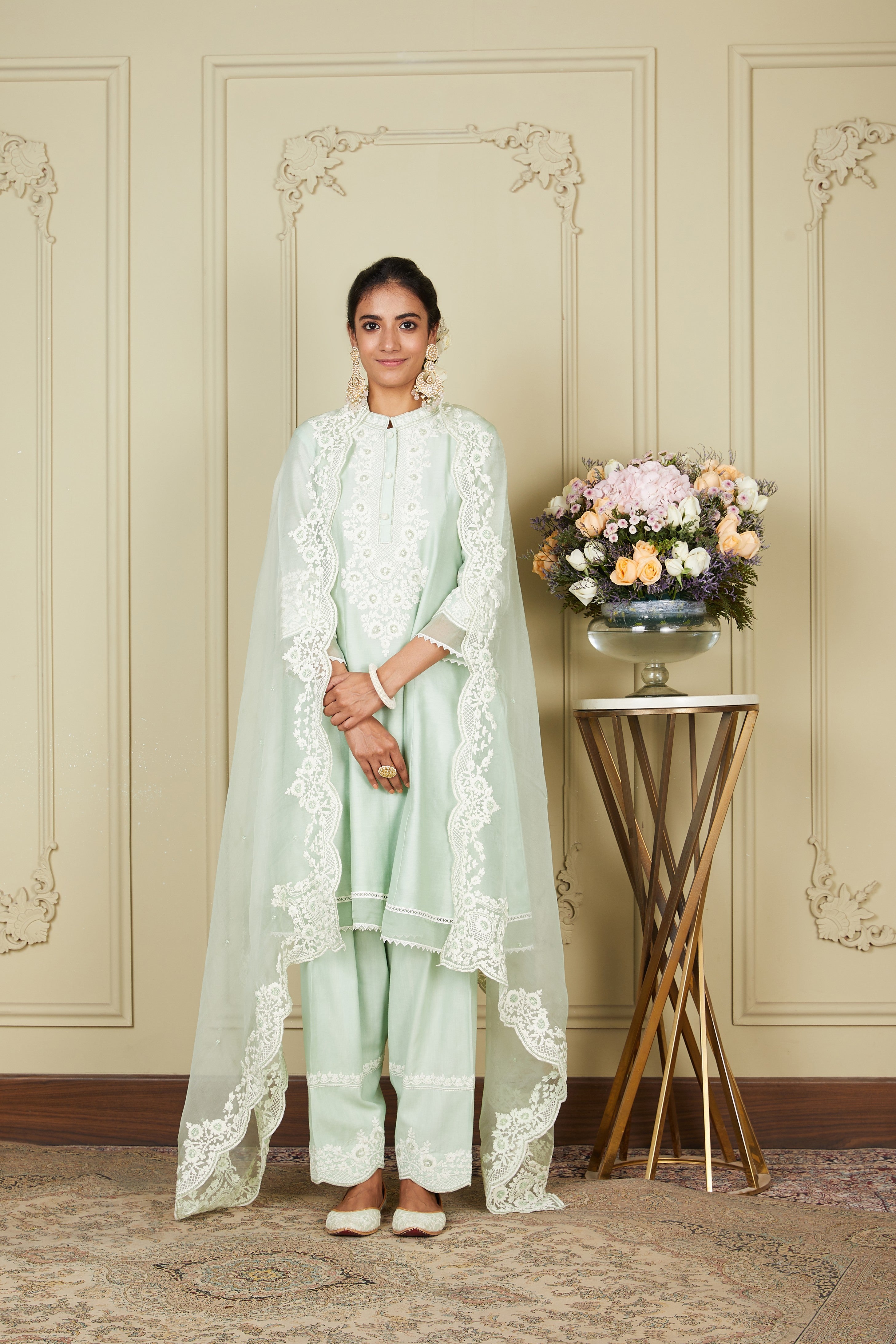 Ryhana - Frosty Green A-line short kurta with salwar and dupatta