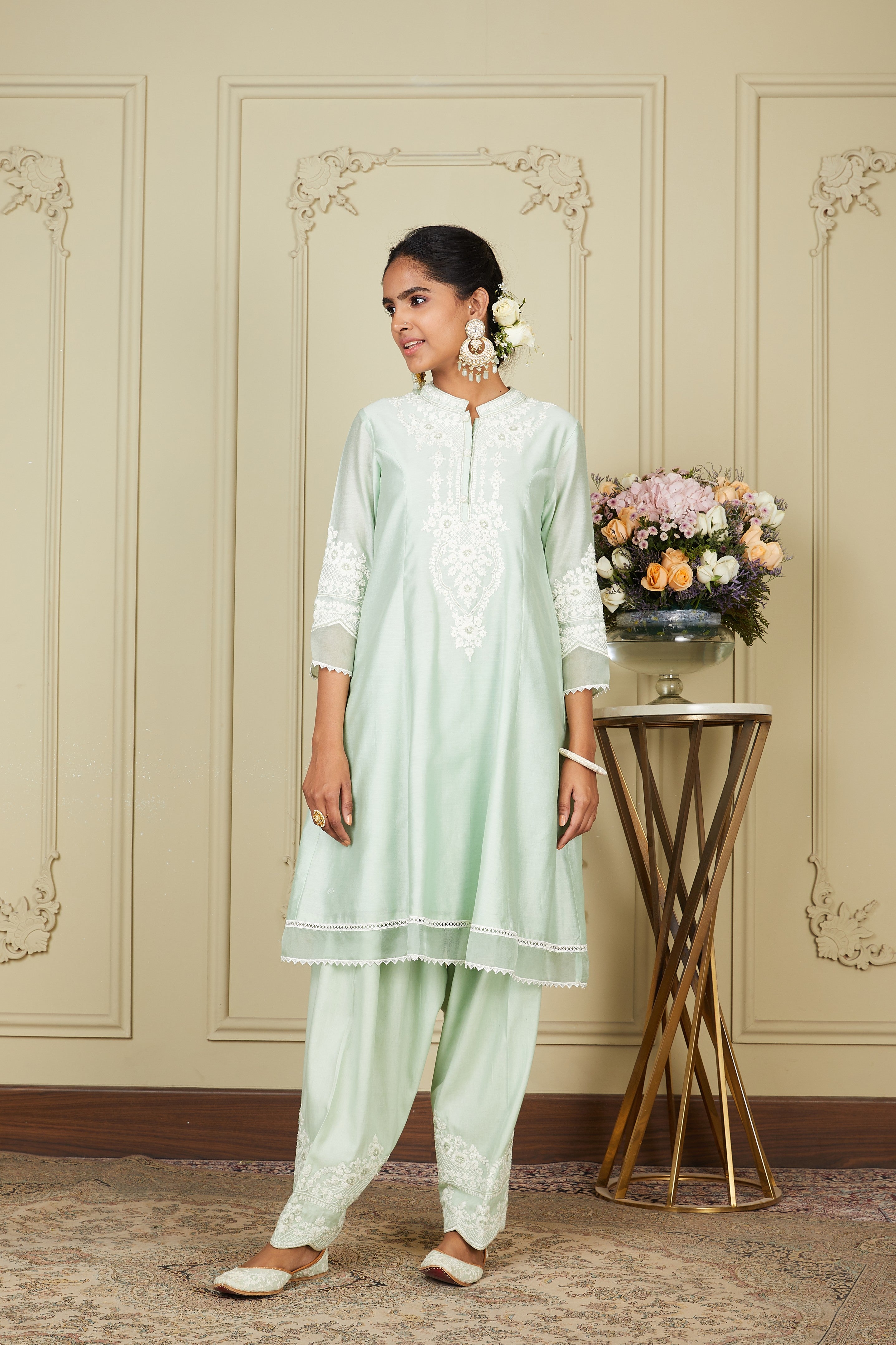 Ruzena - Frosty Green A-line short kurta with salwar and dupatta