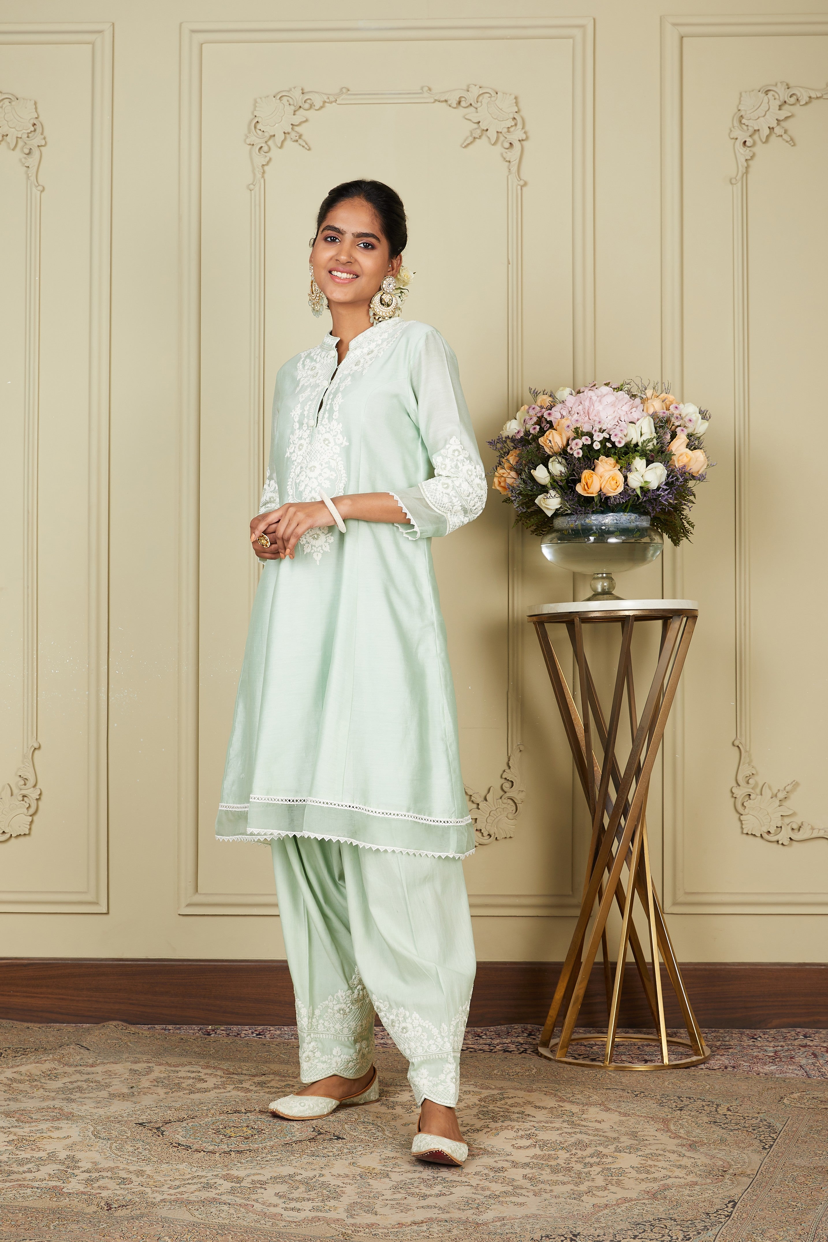 Ruzena - Frosty Green A-line short kurta with salwar and dupatta