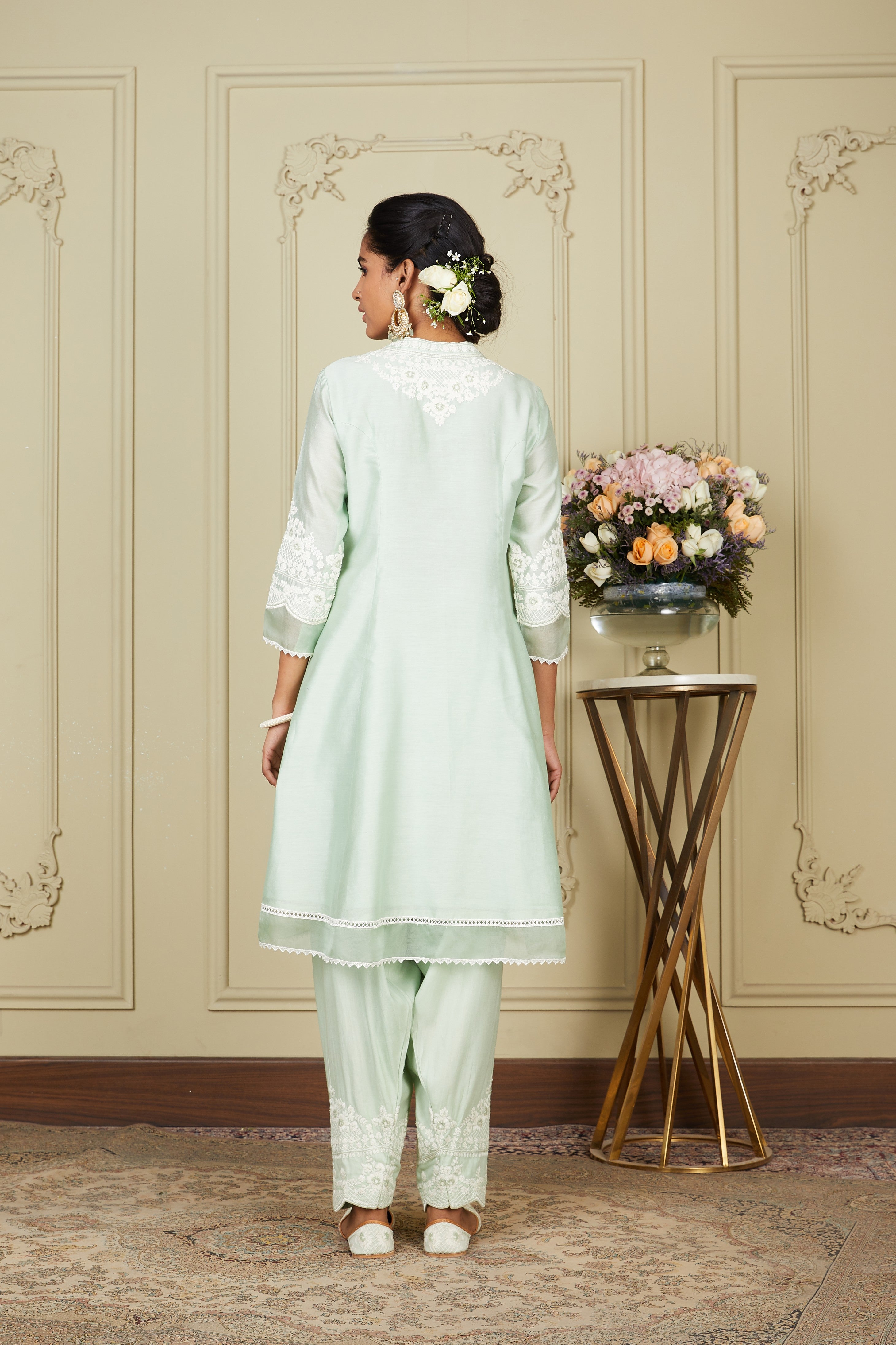 Ruzena - Frosty Green A-line short kurta with salwar and dupatta