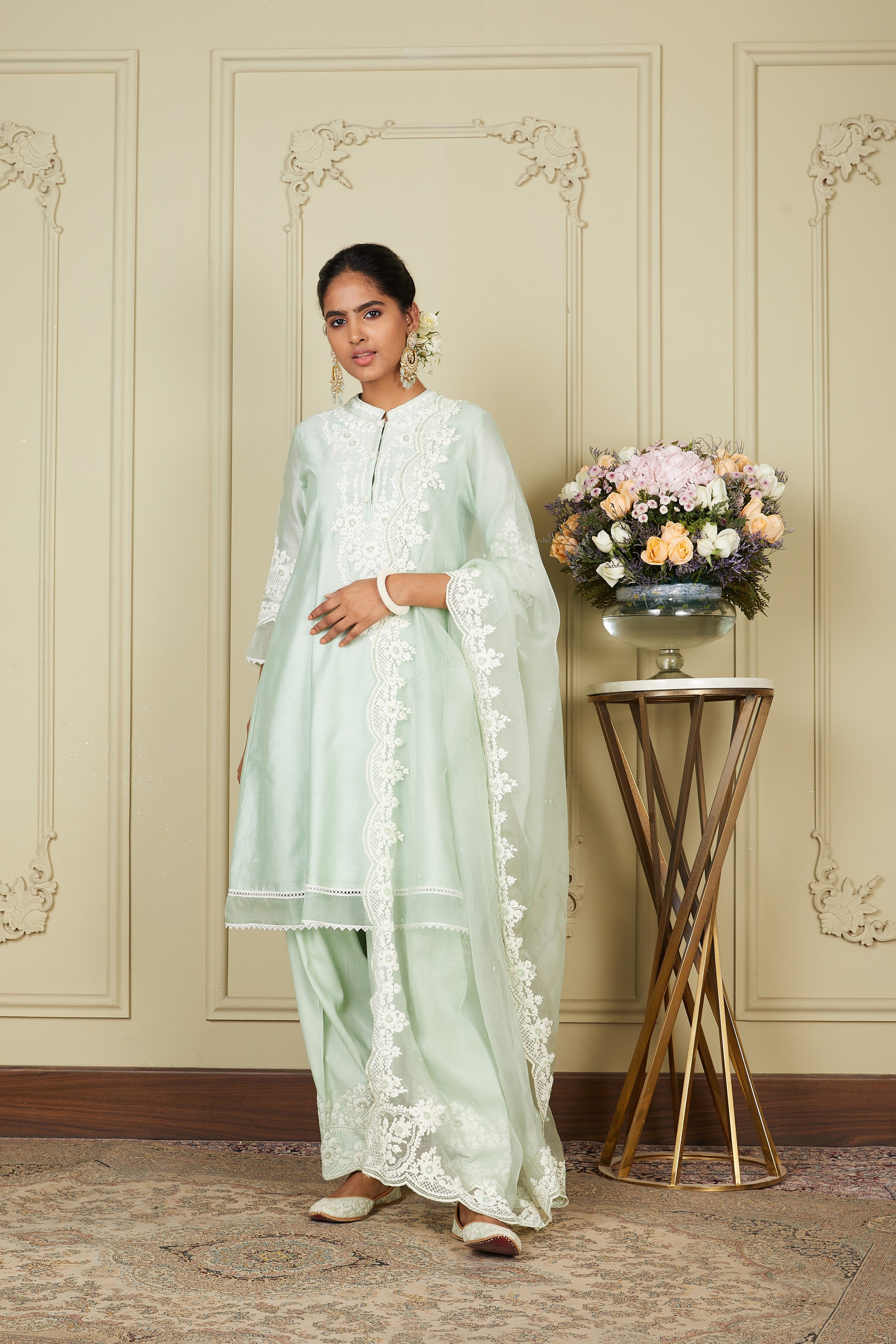 Ruzena - Frosty Green A-line short kurta with salwar and dupatta