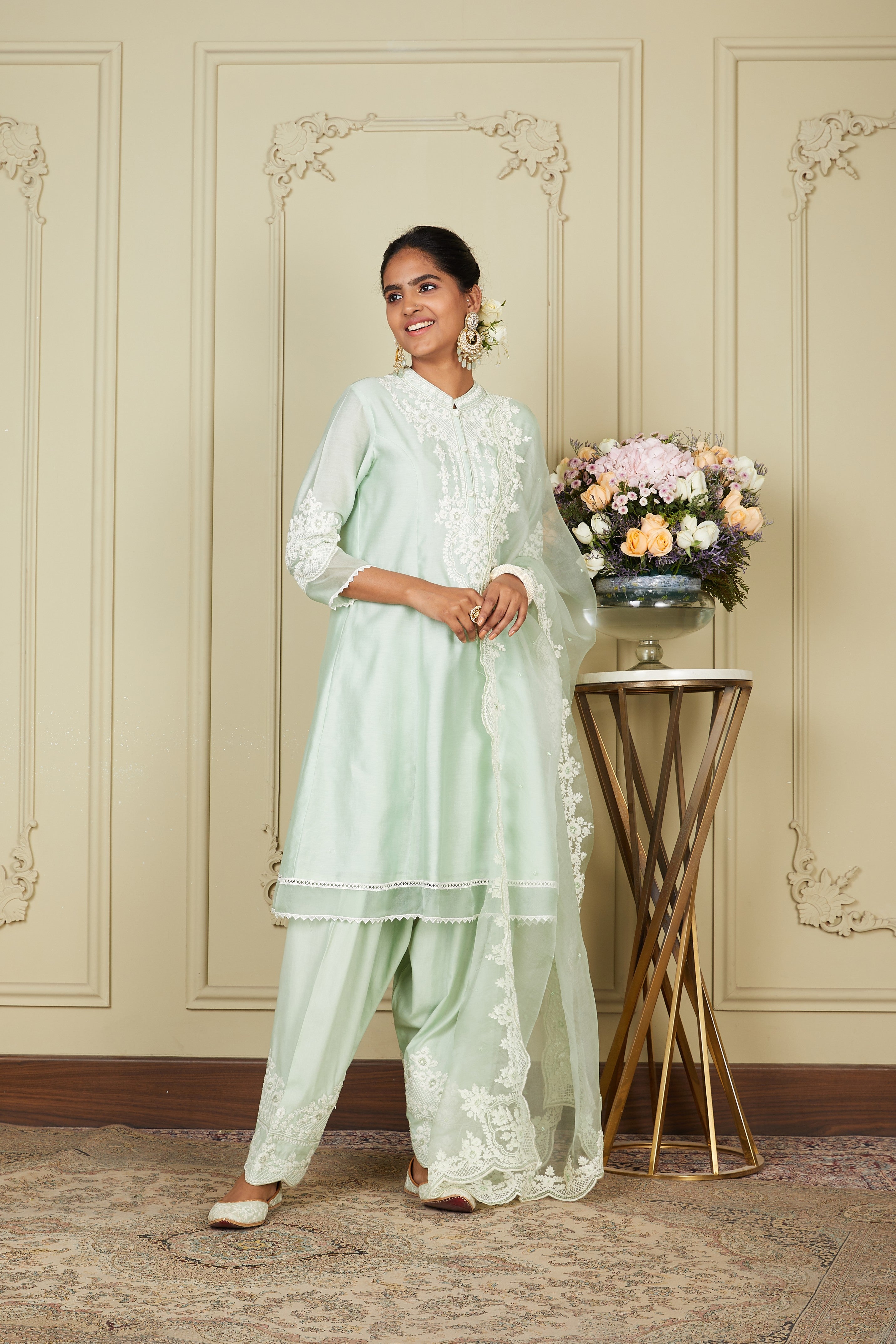 Ruzena - Frosty Green A-line short kurta with salwar and dupatta