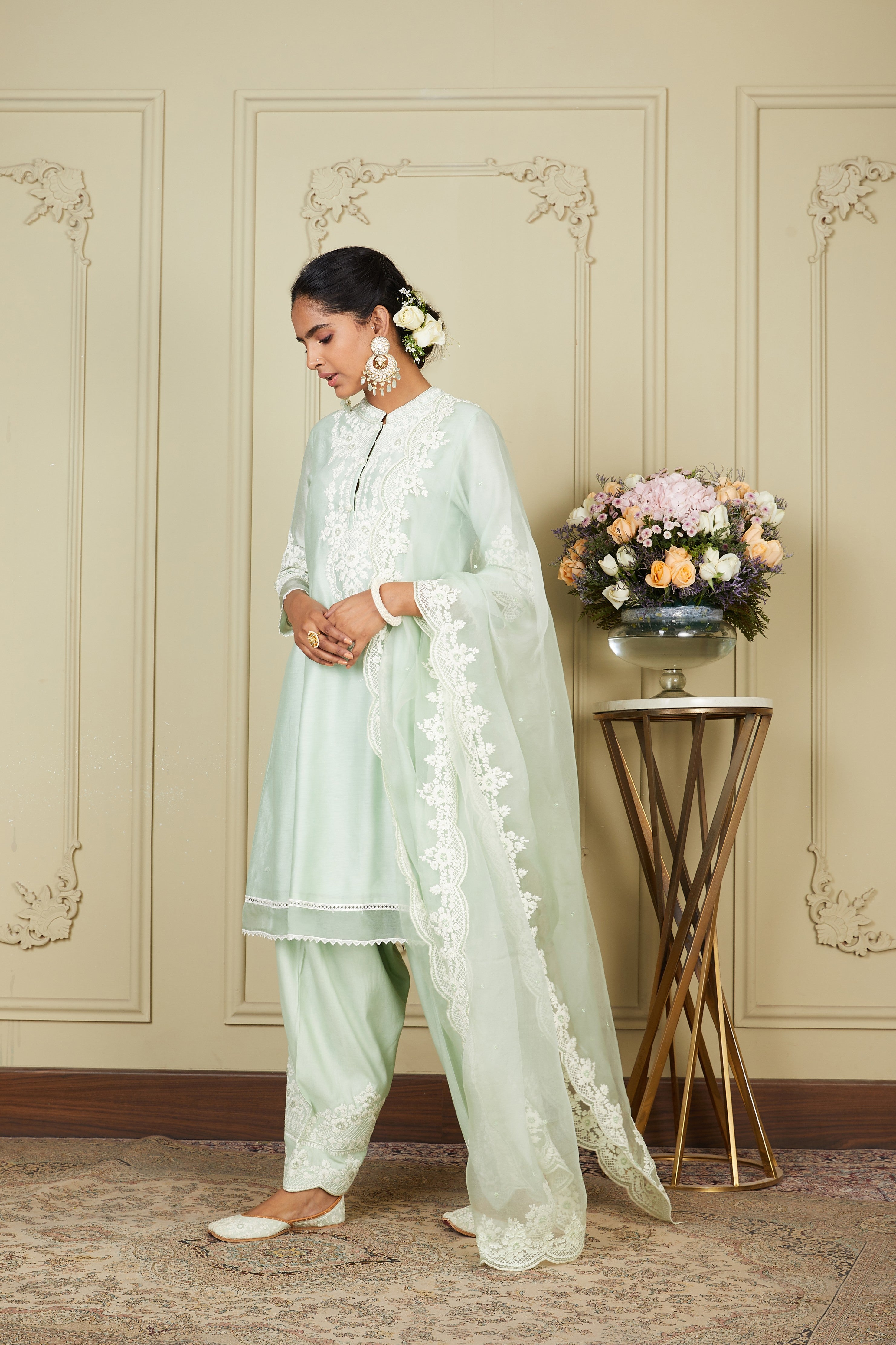 Ruzena - Frosty Green A-line short kurta with salwar and dupatta