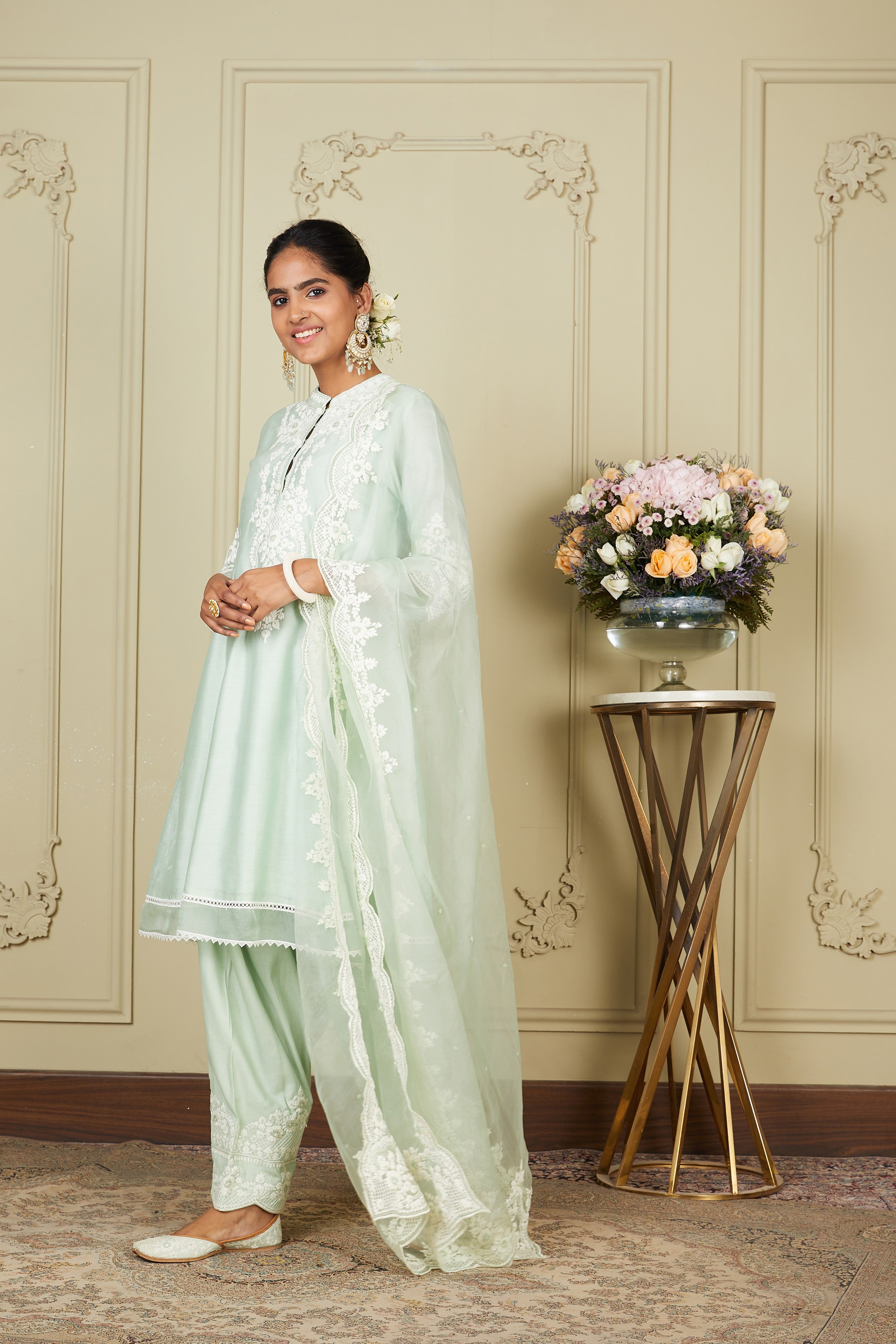 Ruzena - Frosty Green A-line short kurta with salwar and dupatta