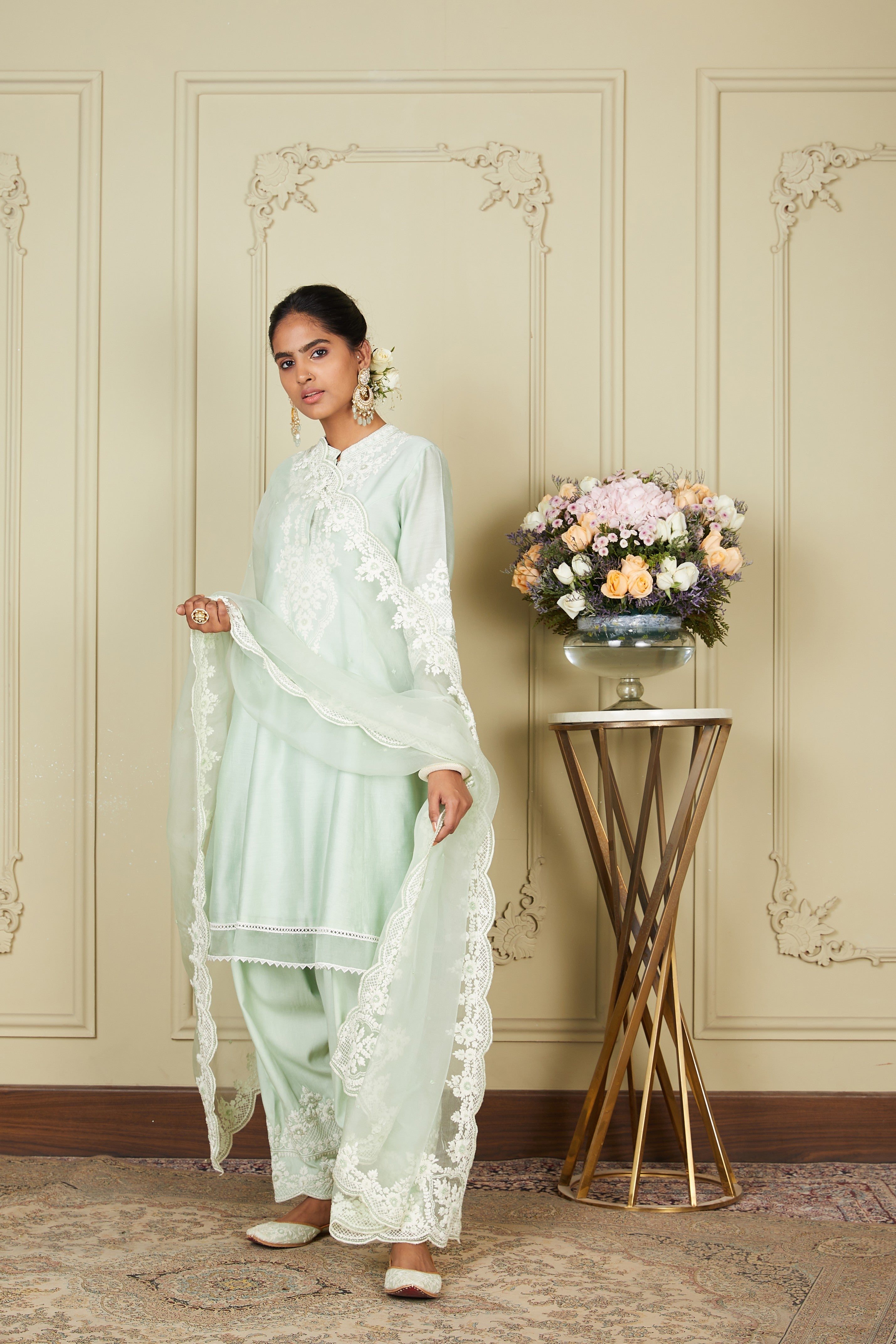 Ruzena - Frosty Green A-line short kurta with salwar and dupatta