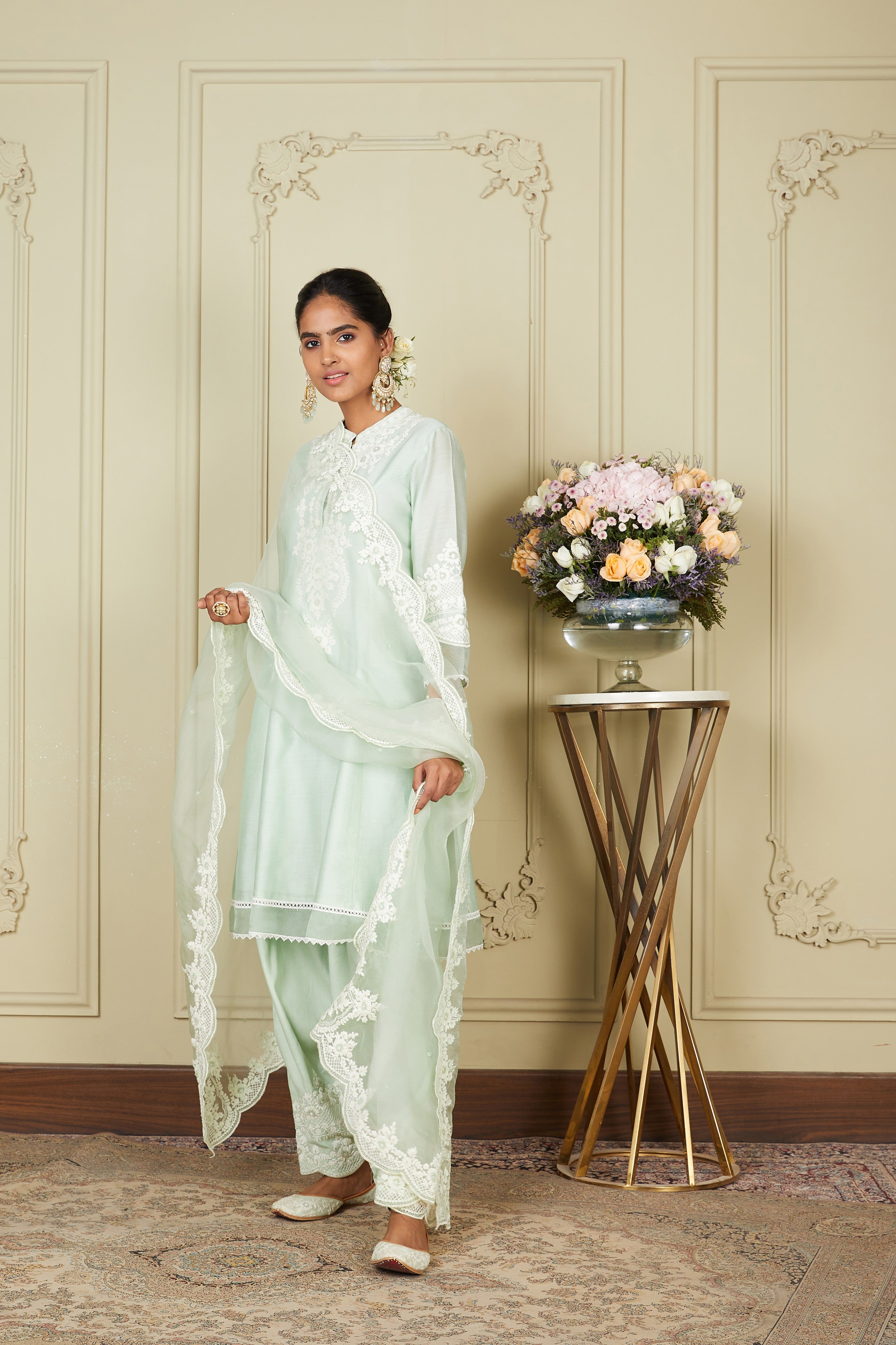 Ruzena - Frosty Green A-line short kurta with salwar and dupatta