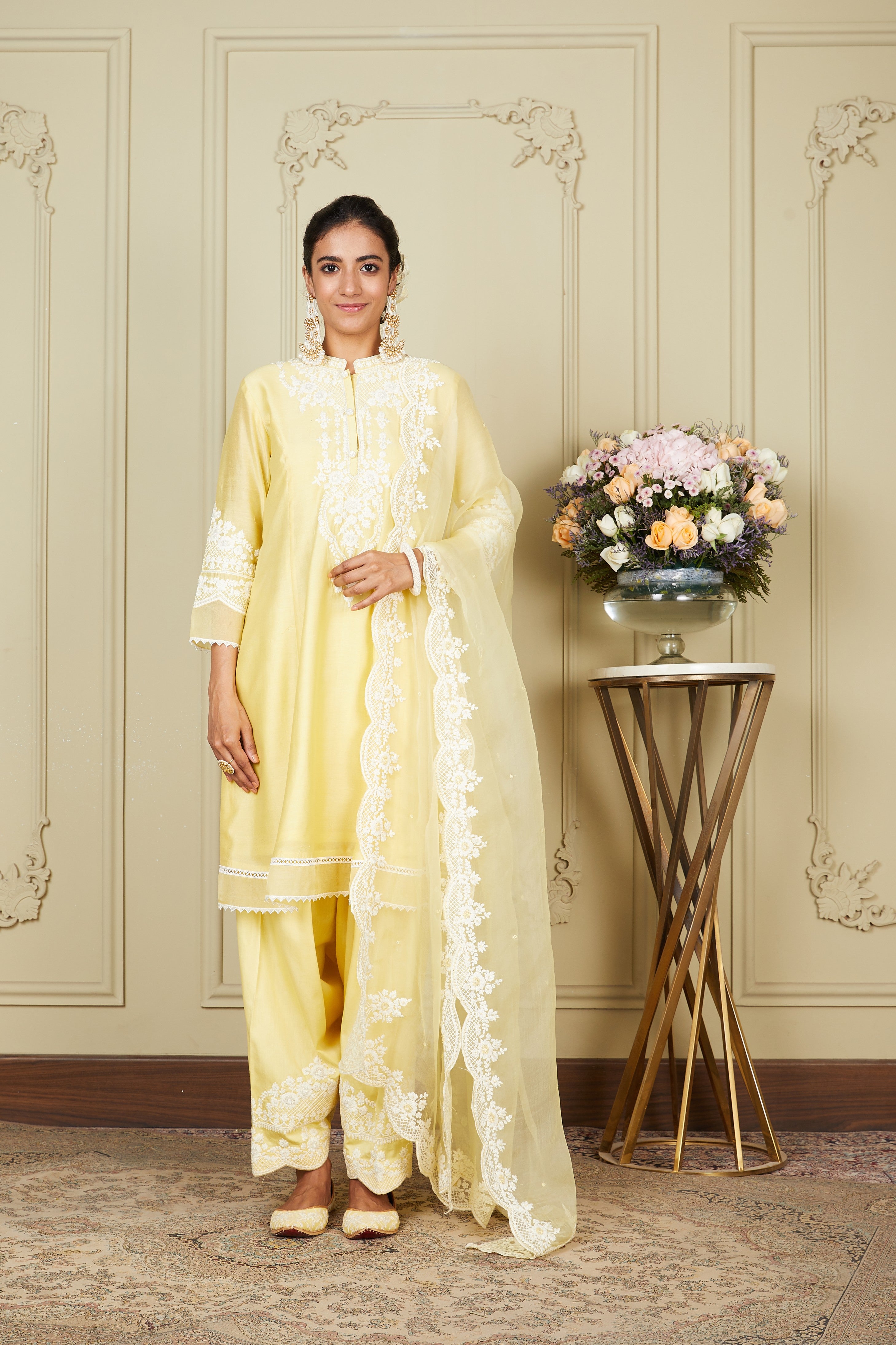 Ruzena - Lemon Yellow A-line short kurta with salwar and dupatta