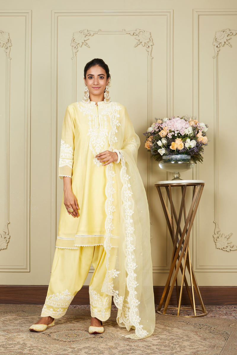 Ruzena - Lemon Yellow A-line short kurta with salwar and dupatta