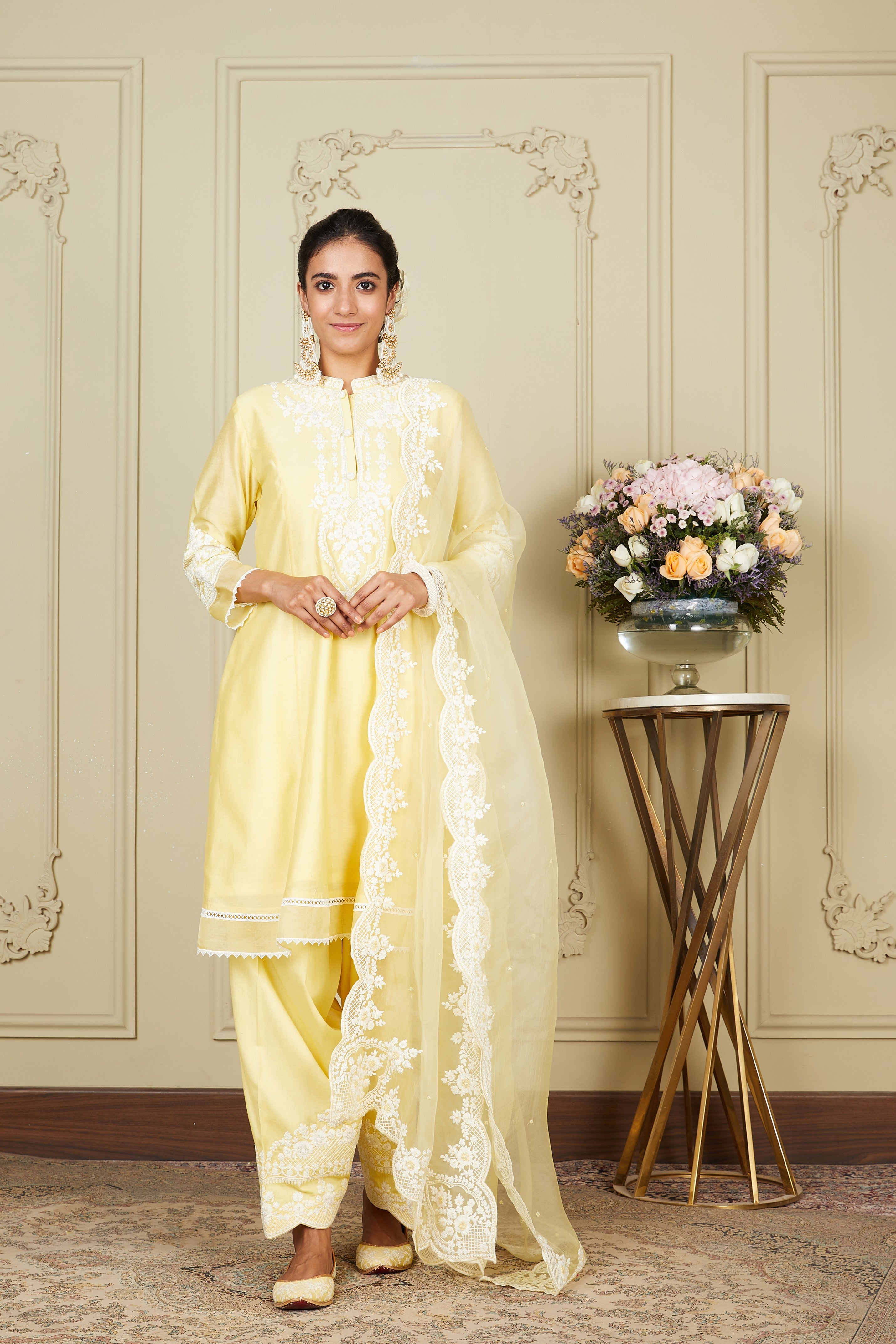 Ruzena - Lemon Yellow A-line short kurta with salwar and dupatta