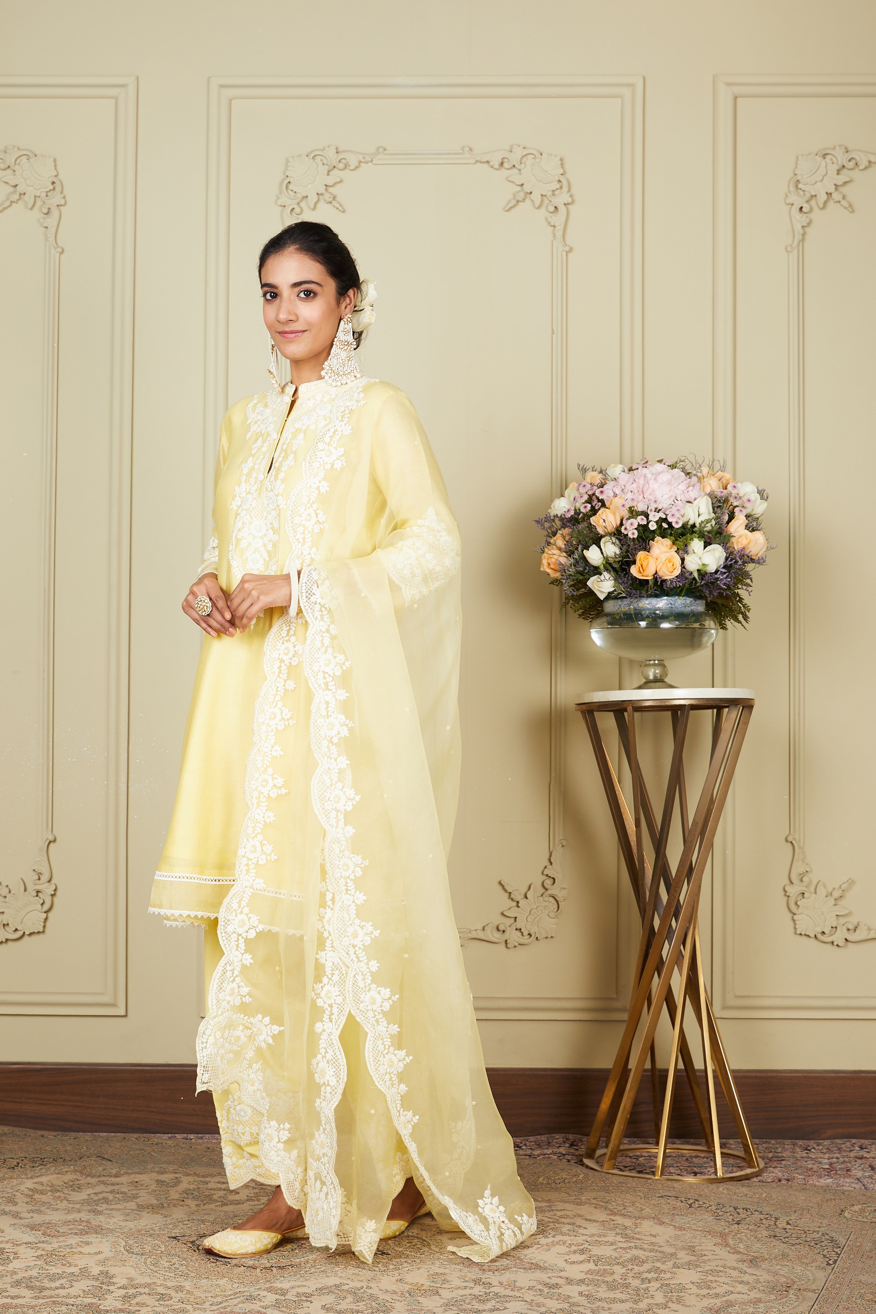 Ruzena - Lemon Yellow A-line short kurta with salwar and dupatta