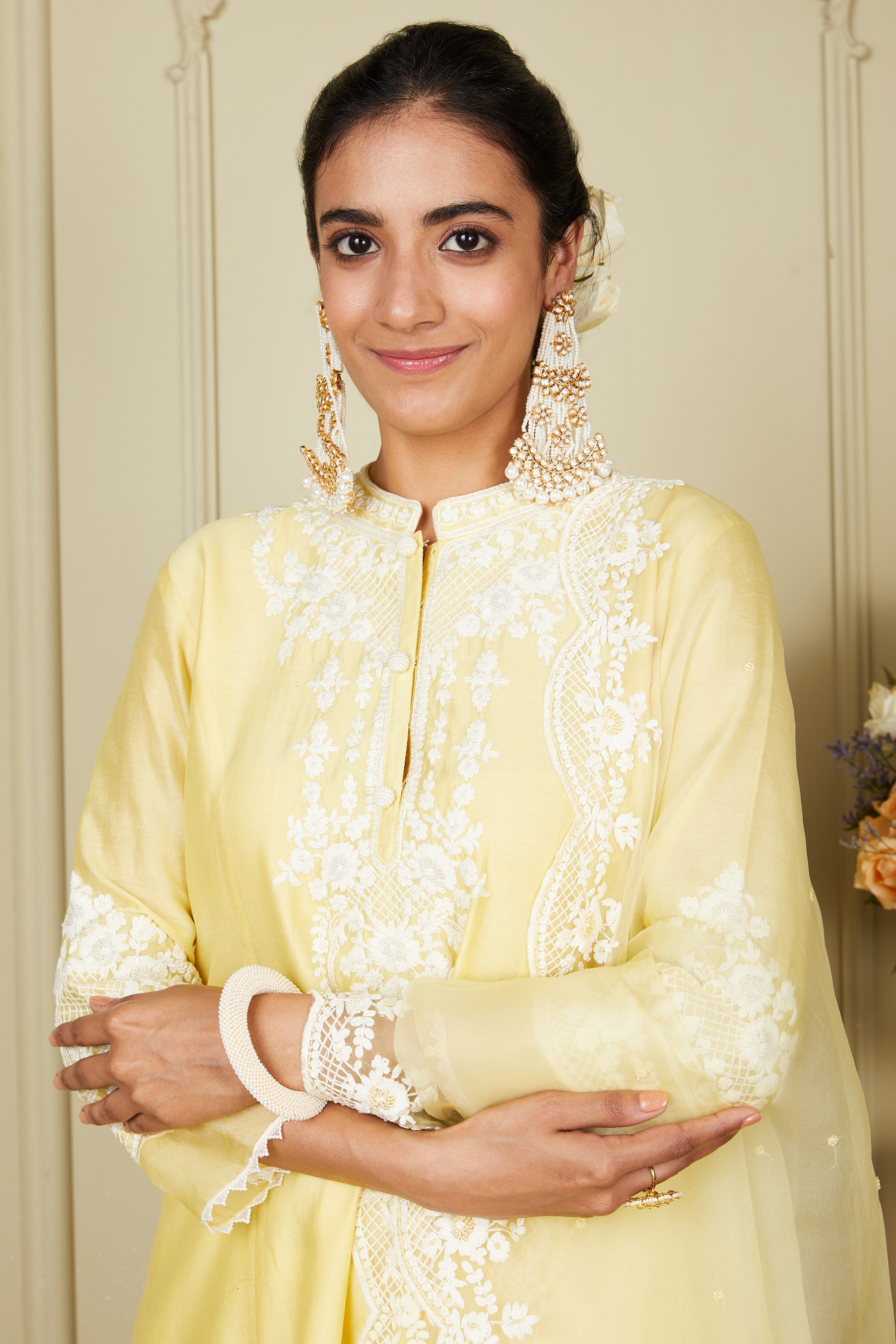 Ruzena - Lemon Yellow A-line short kurta with salwar and dupatta