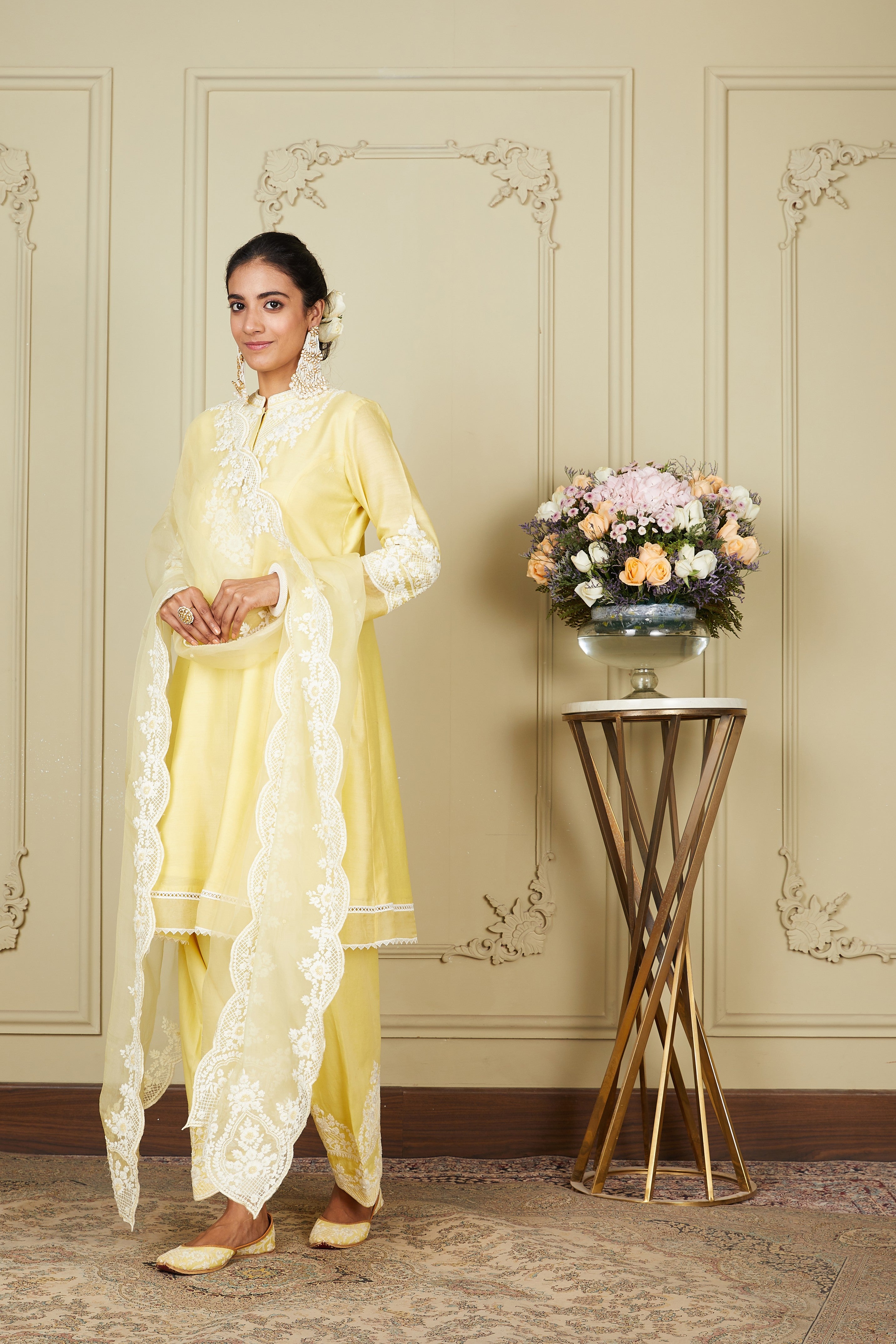 Ruzena - Lemon Yellow A-line short kurta with salwar and dupatta