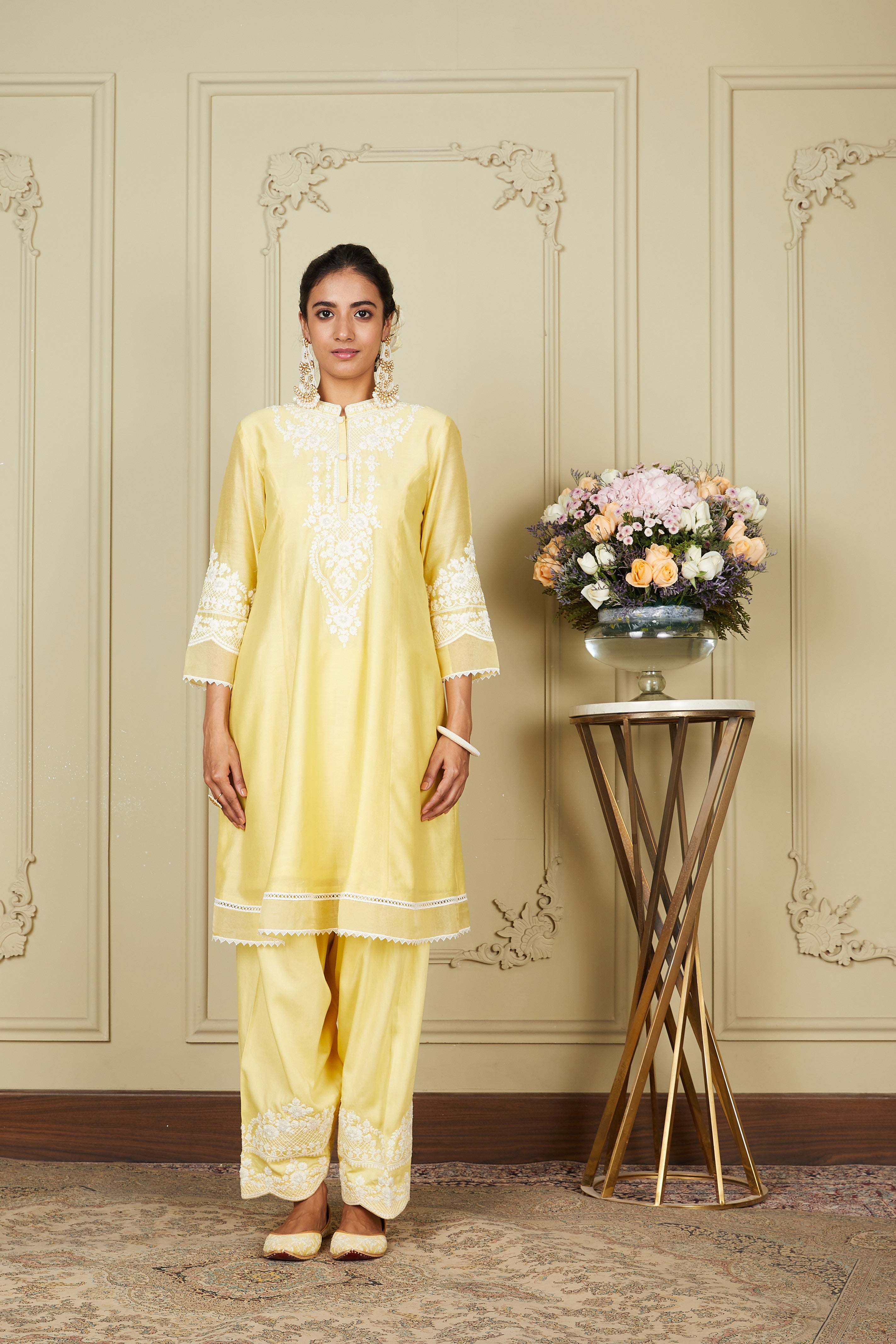 Ruzena - Lemon Yellow A-line short kurta with salwar and dupatta